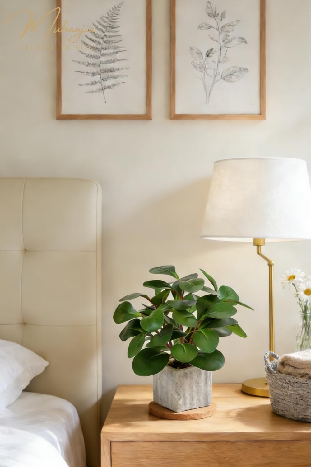 Artificial Potted Plant Lifelike Faux Greenery Cement Square Pot Peperomia