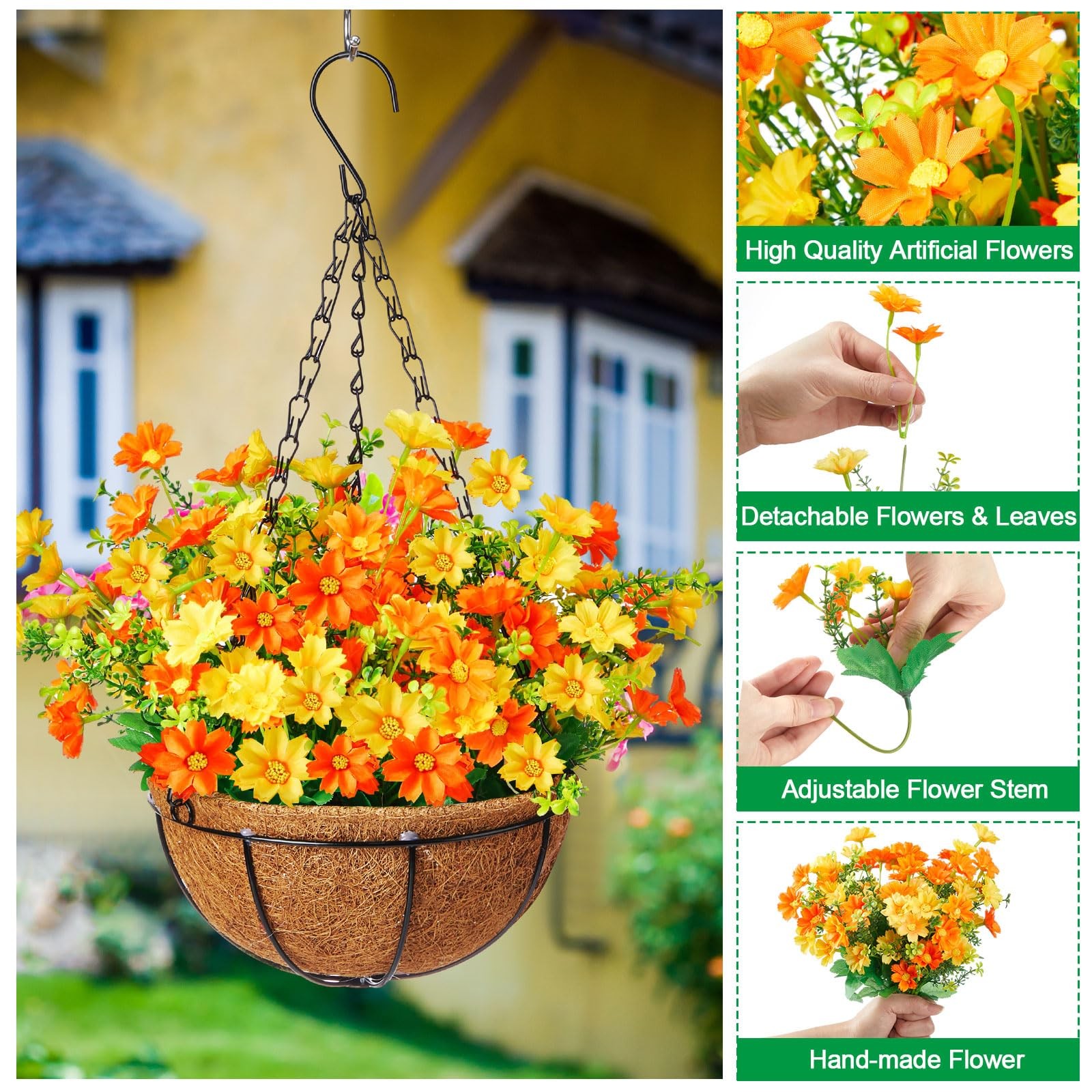 2 Pack Artificial Hanging Basket with Daisy Flowers, 12 Inch Faux Hanging Flo…