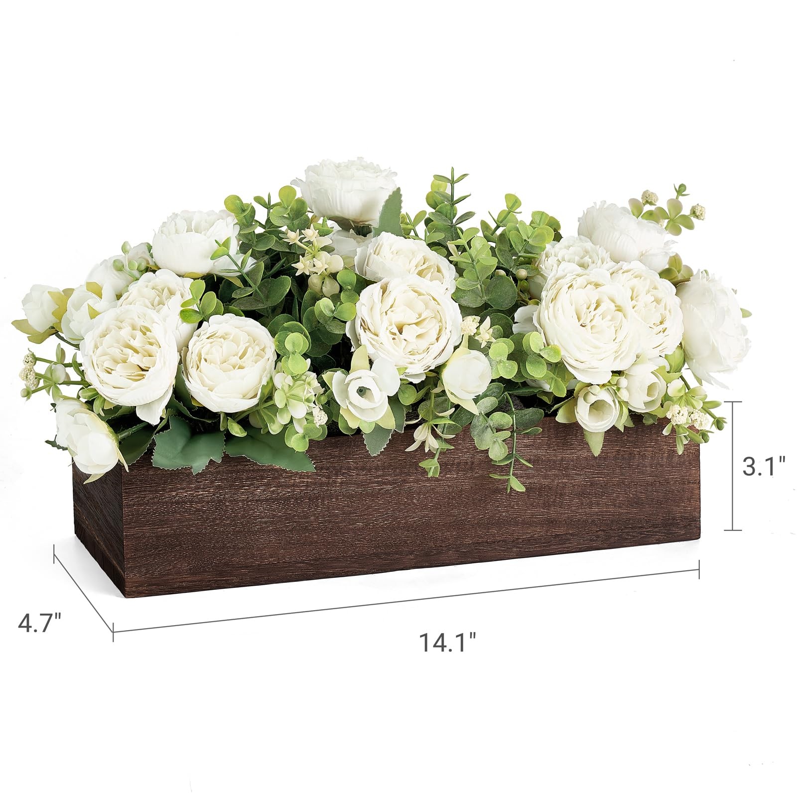 Artificial Flower Centerpiece Farmhouse Table Decor White Rose Wood Box Set