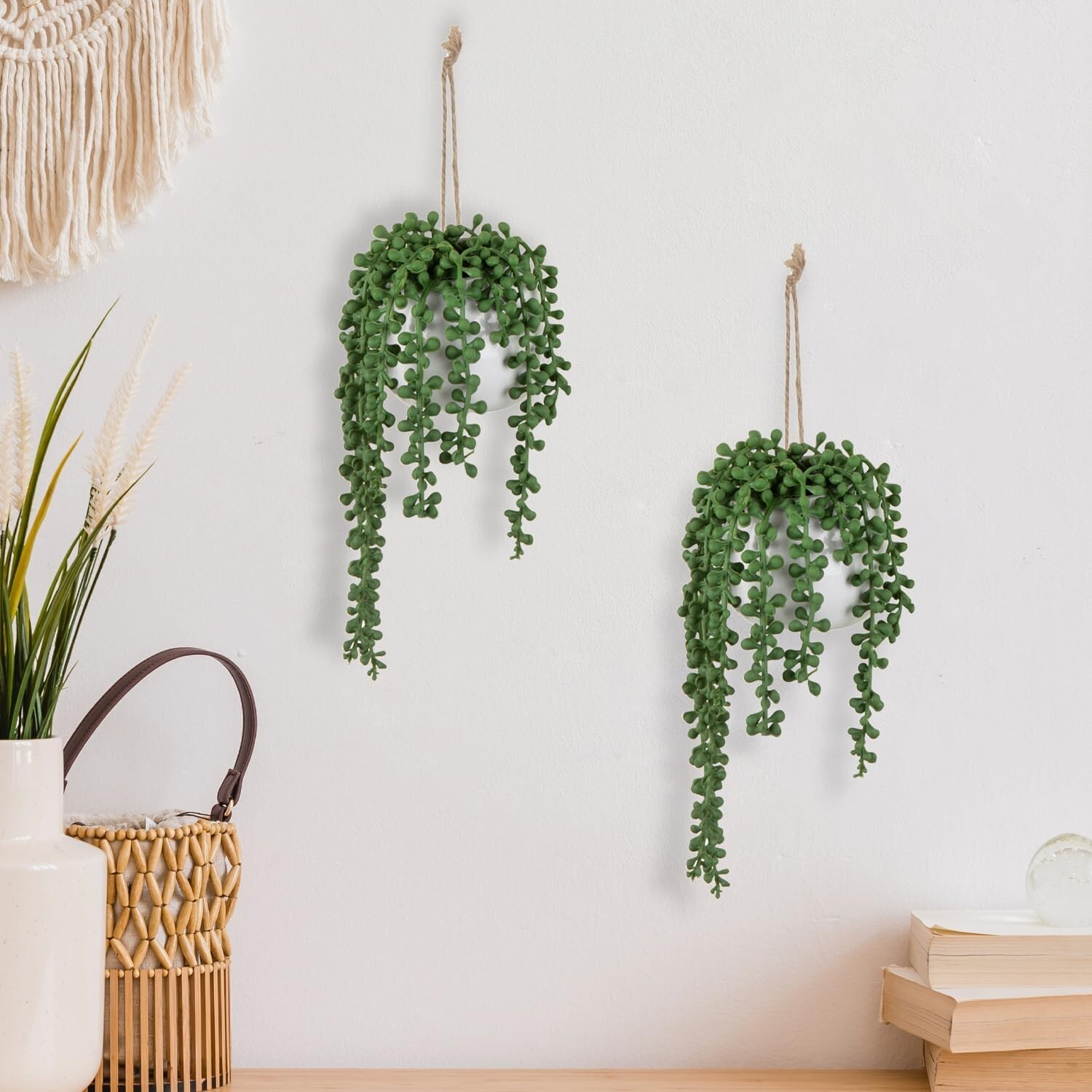 MyGift Artificial String of Pearls Plants in White Ceramic Wall-Hanging Planters