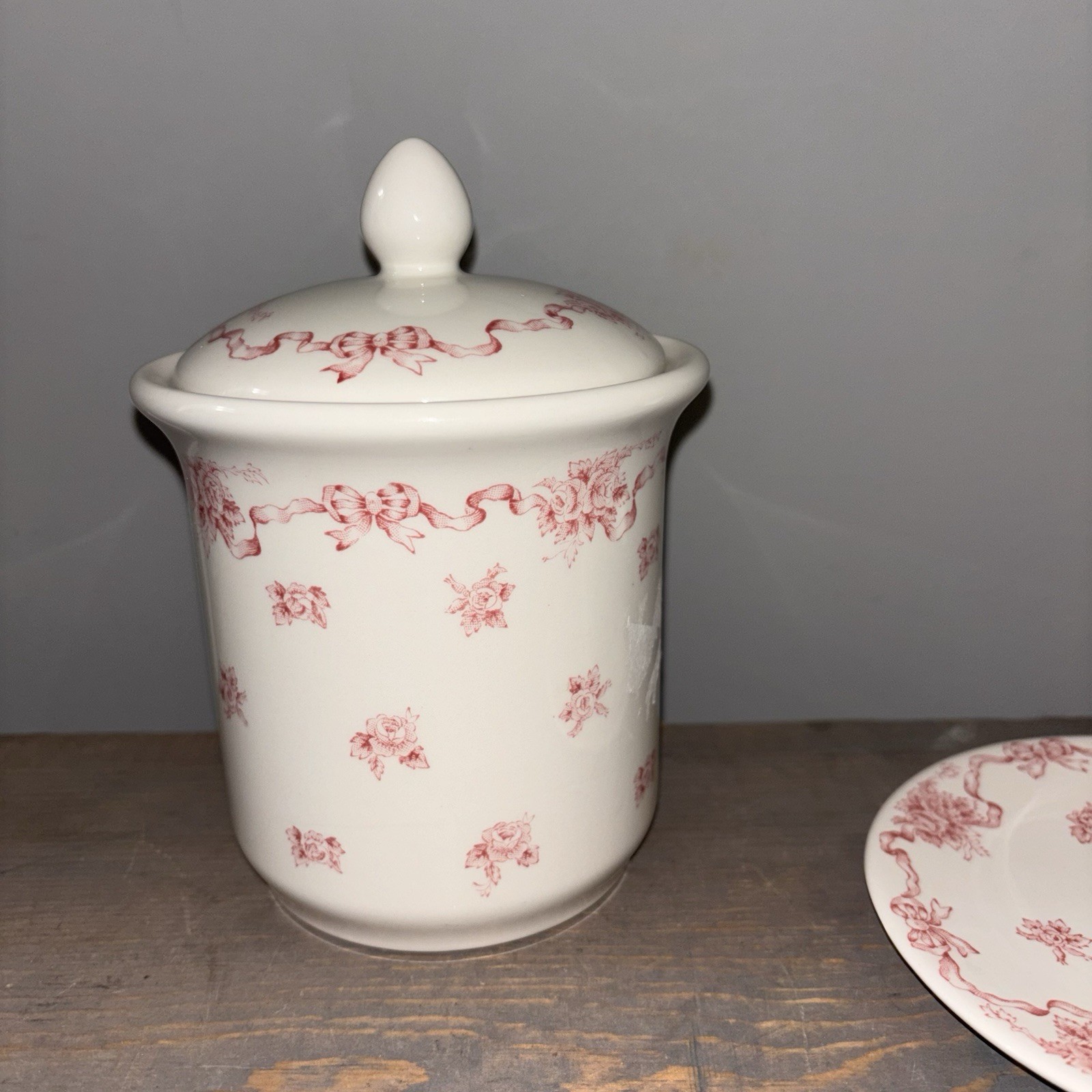 Laura Ashley Jar Canister Cotton Ball Holder & Candlestick Holder Pink Ribbons