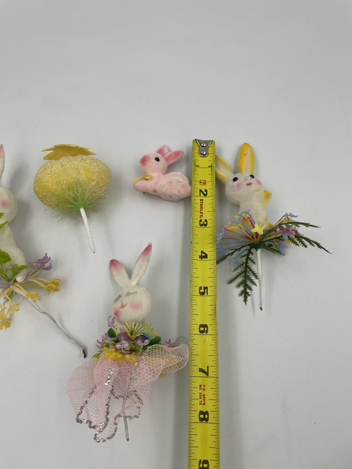 5 VTG Lot Flocked Easter Bunny Rabbit, Egg, Floral Pick Plastic Decoration A20