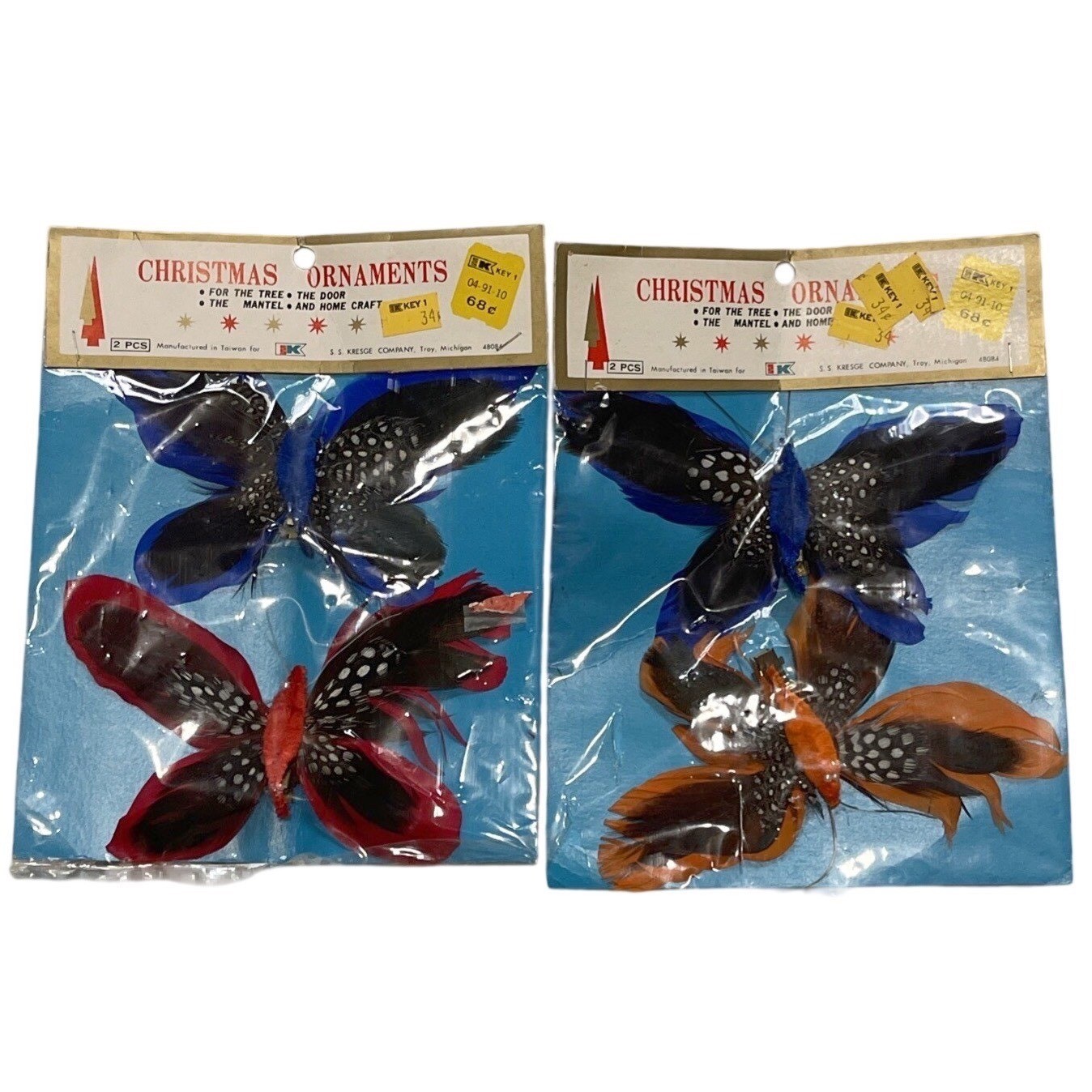 4 Vtg Clip On Feather Butterflies Floral Gifts Decoration Orange Red Blue Taiwan