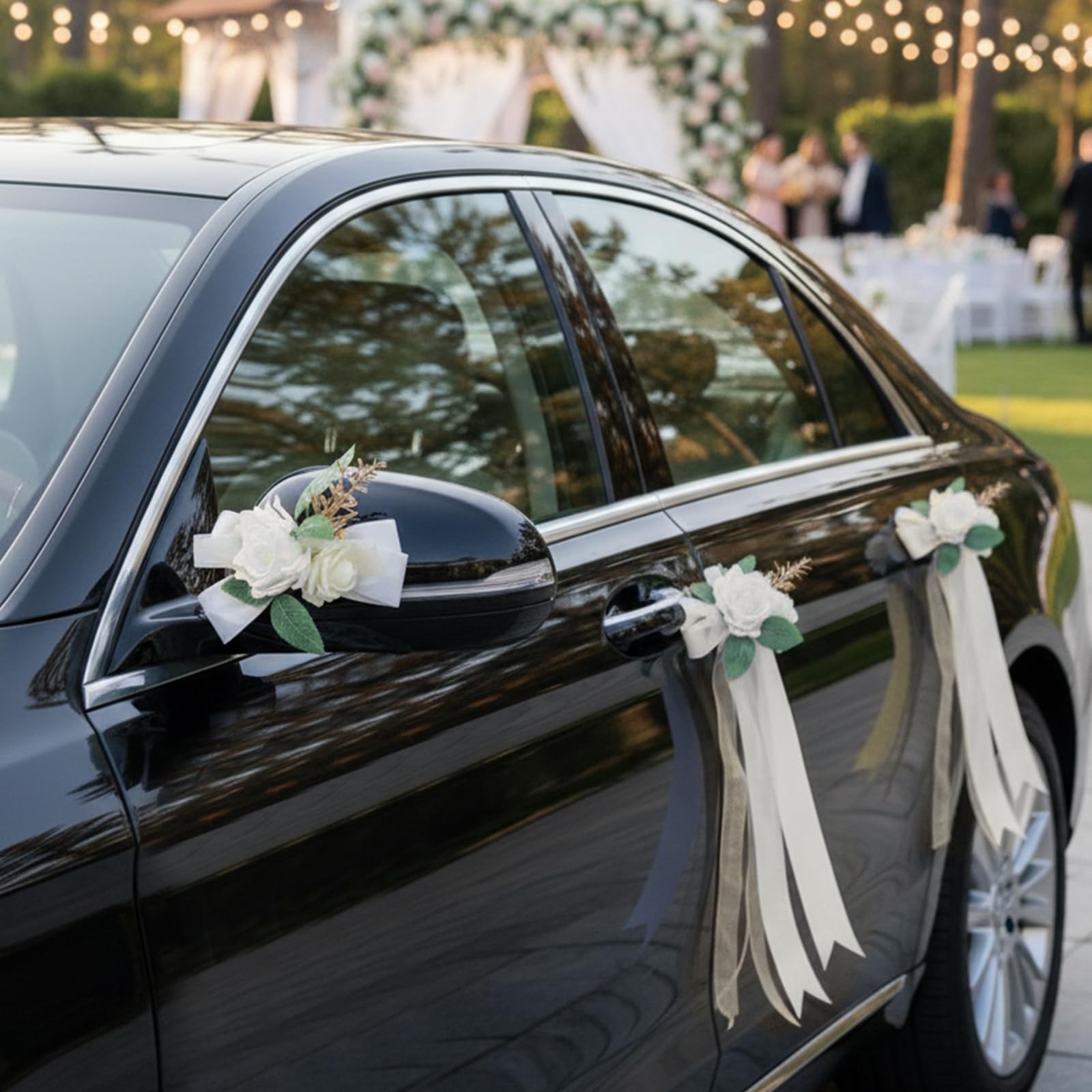 6 PCS Ivory White Rose Wedding Car Decor Kit Floral Door Mirror Bows White