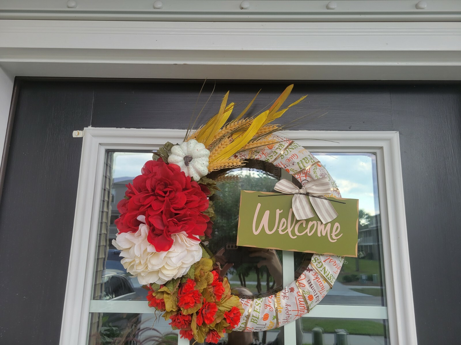 WELCOME fall FLOWER Hydrangeas cat tail burlap WREATH autumn Decor Front Door