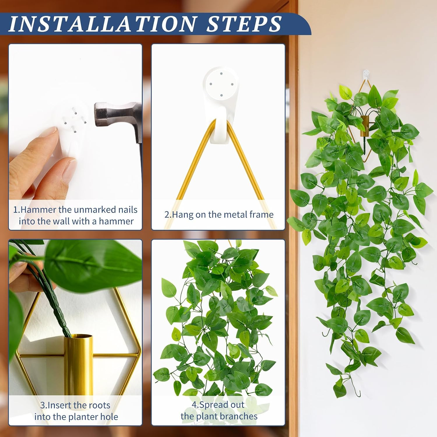 2 Pack Artificial Hanging Plants with Wall Planter, Faux Pothos Vines Fake Hangi