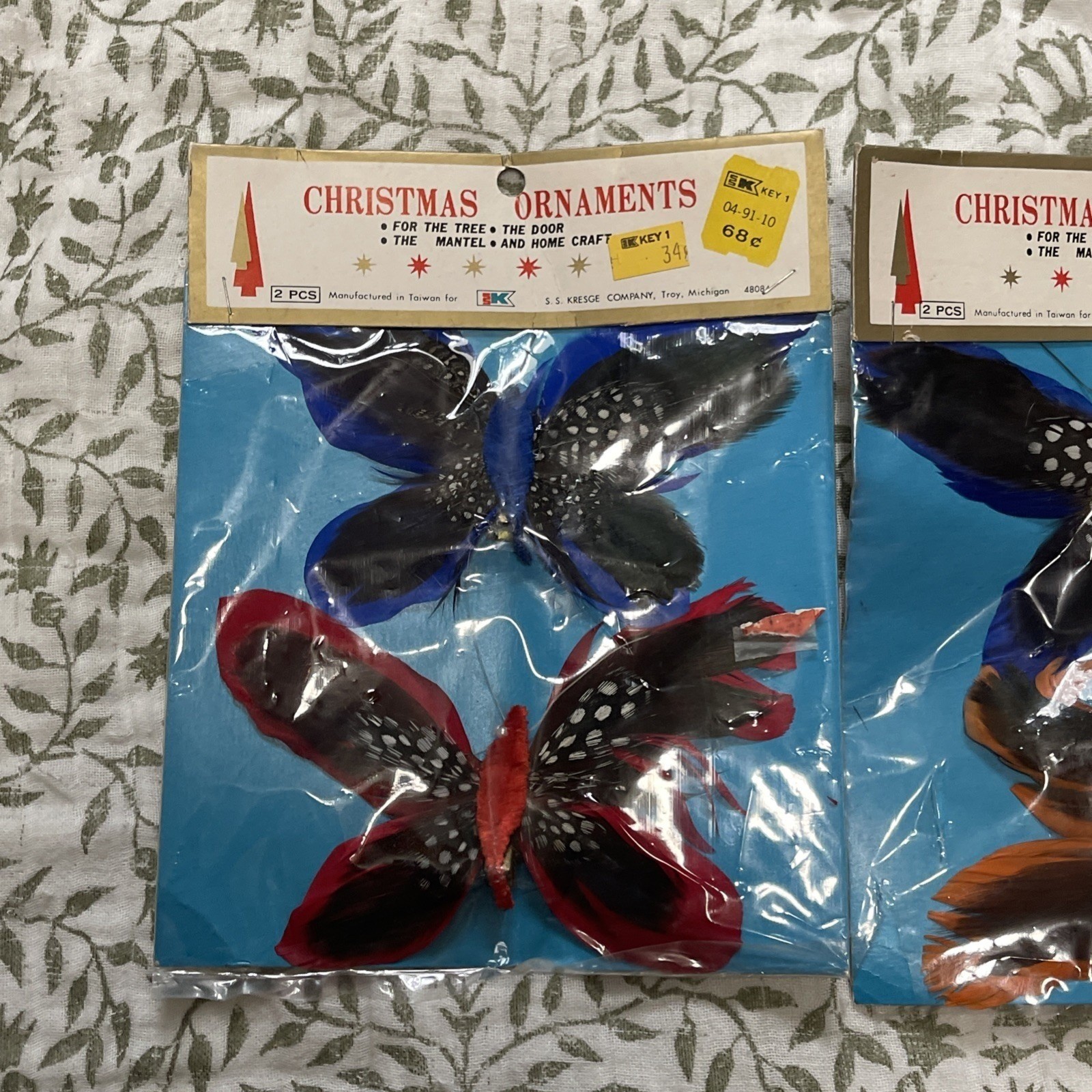 4 Vtg Clip On Feather Butterflies Floral Gifts Decoration Orange Red Blue Taiwan