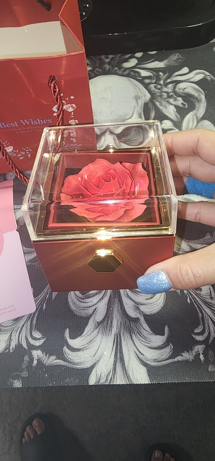 Artificial Red Rose in Clear Display Box w/ Best Wishes Gift Bag & Card