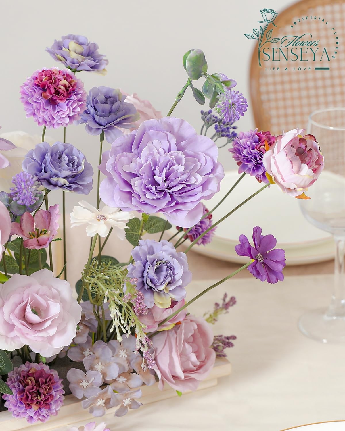 Artificial Flowers Combo Set, Purple Silk Roses, Peonies, Dahlias with Stems …