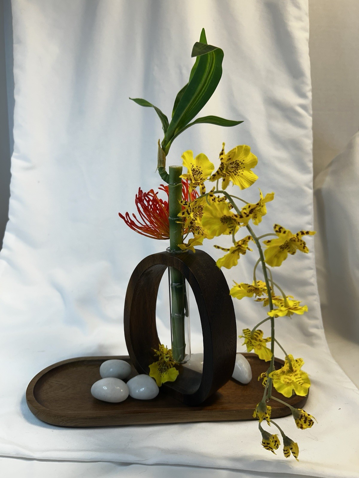 Silk Floral arrangement centerpiece, orchids, Bamboo Wood, Stones Asian Modern