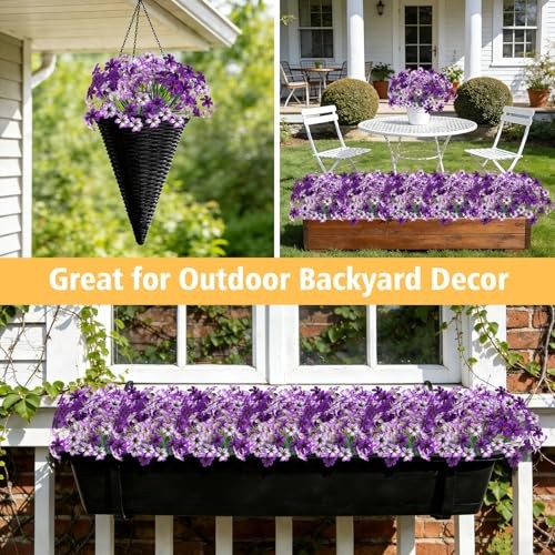 16 Pcs Artificial Flowers for Outdoors, UV Resistant Fake Pansy Silk Purple