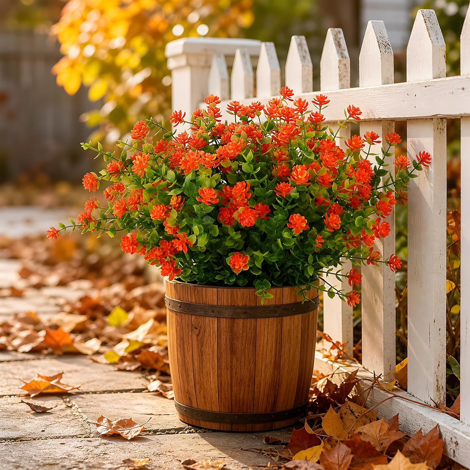 24 Pcs Artificial Mums for Outdoors, Fall Flowers (Orange Red) | No Fade Fake Pl
