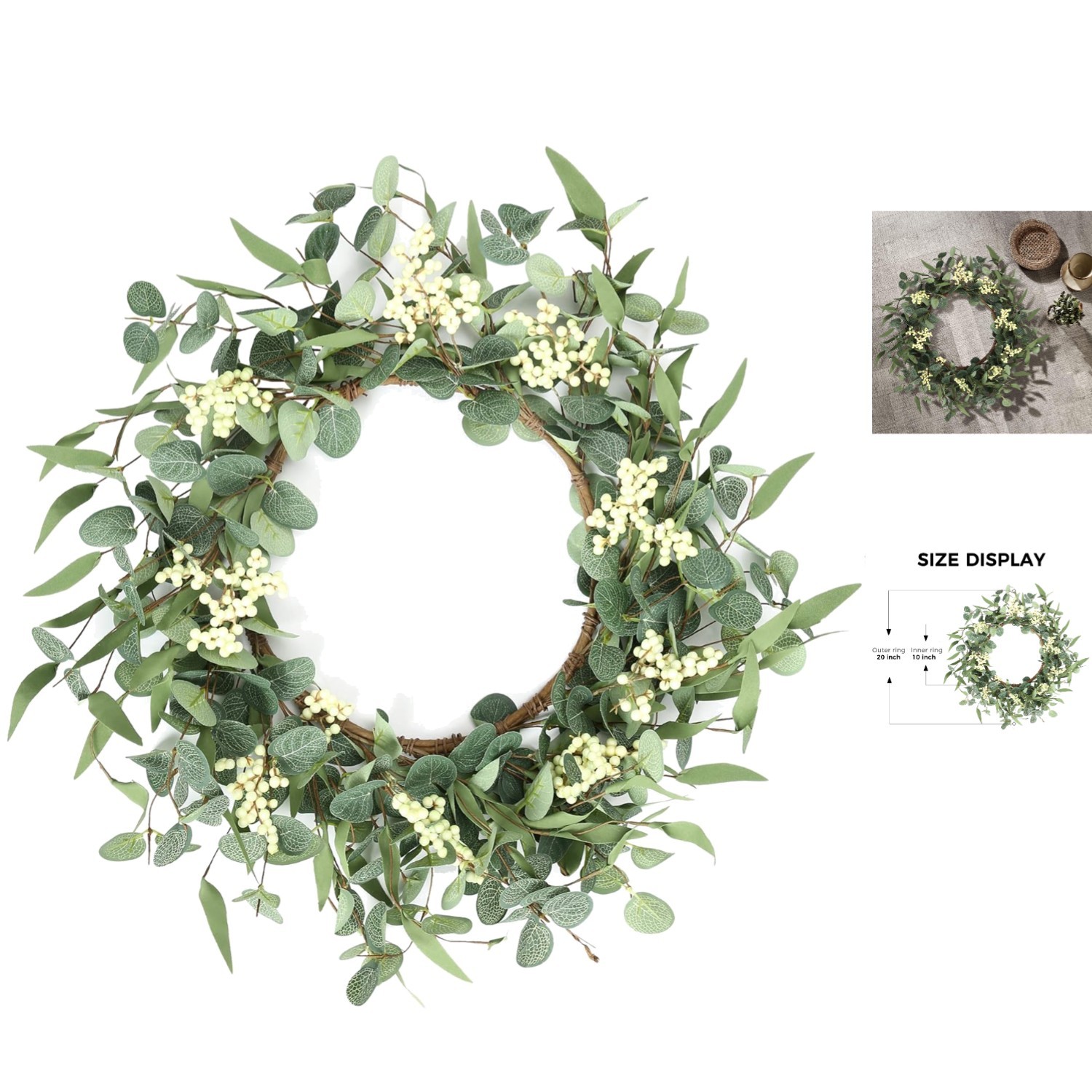 Elegant 20” Eucalyptus Wreath with White Berries – All-Season Decor Charm