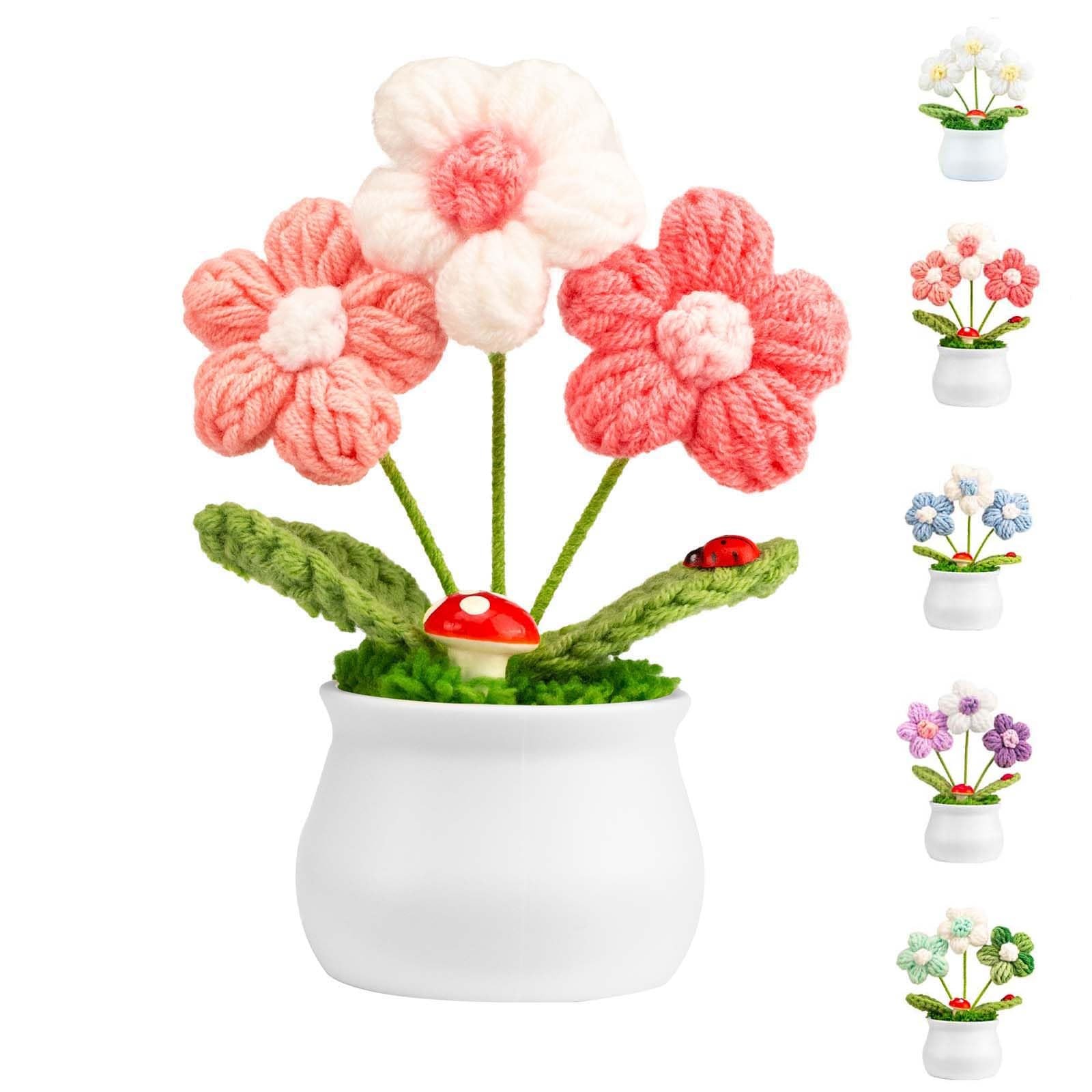 Pink Crochet Puff Flowers Cute Potted Plants Car Dashboard Home Decor Gift