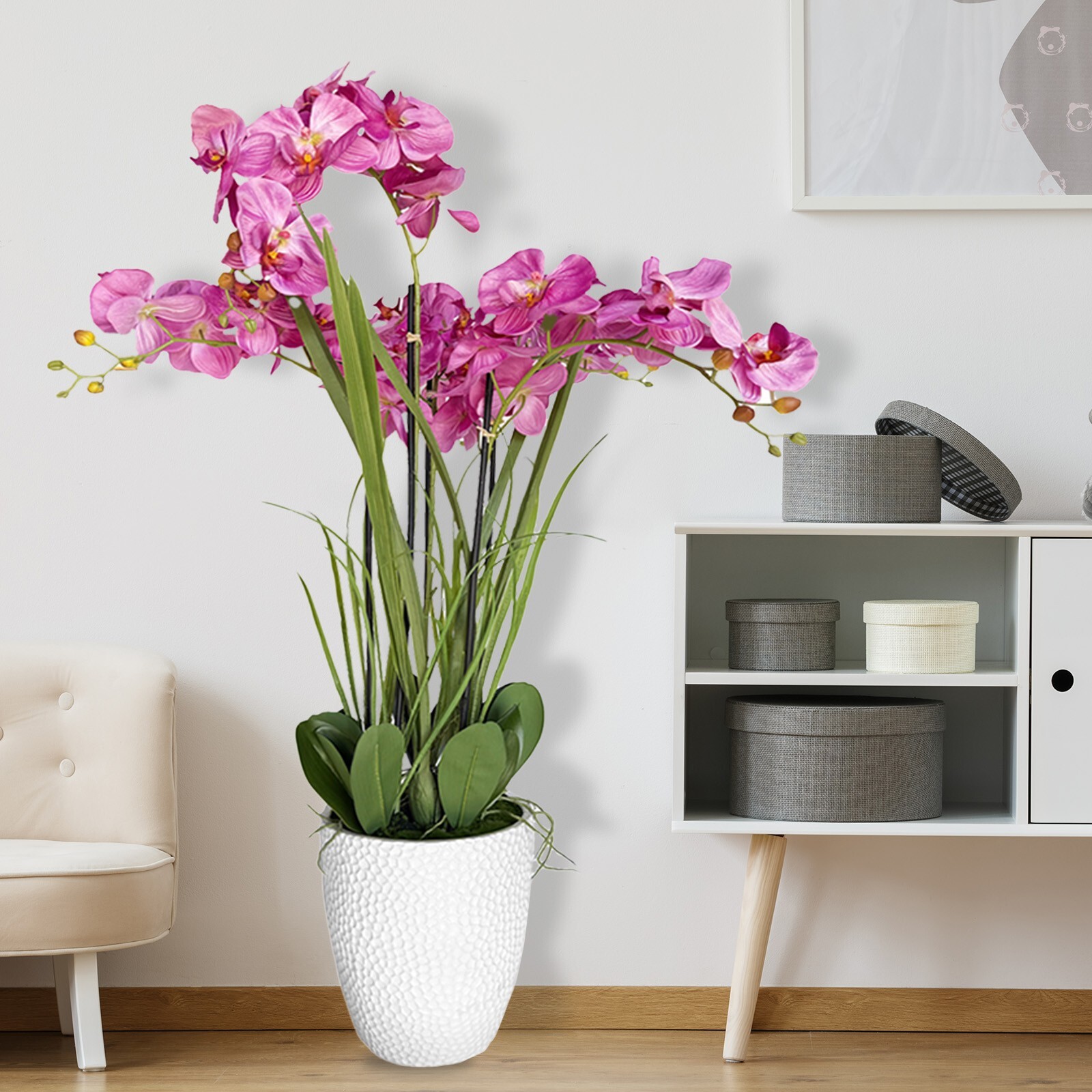 49″ Artificial Flowers Potted Faux Realistic Pink Orchid in Plastic Pot