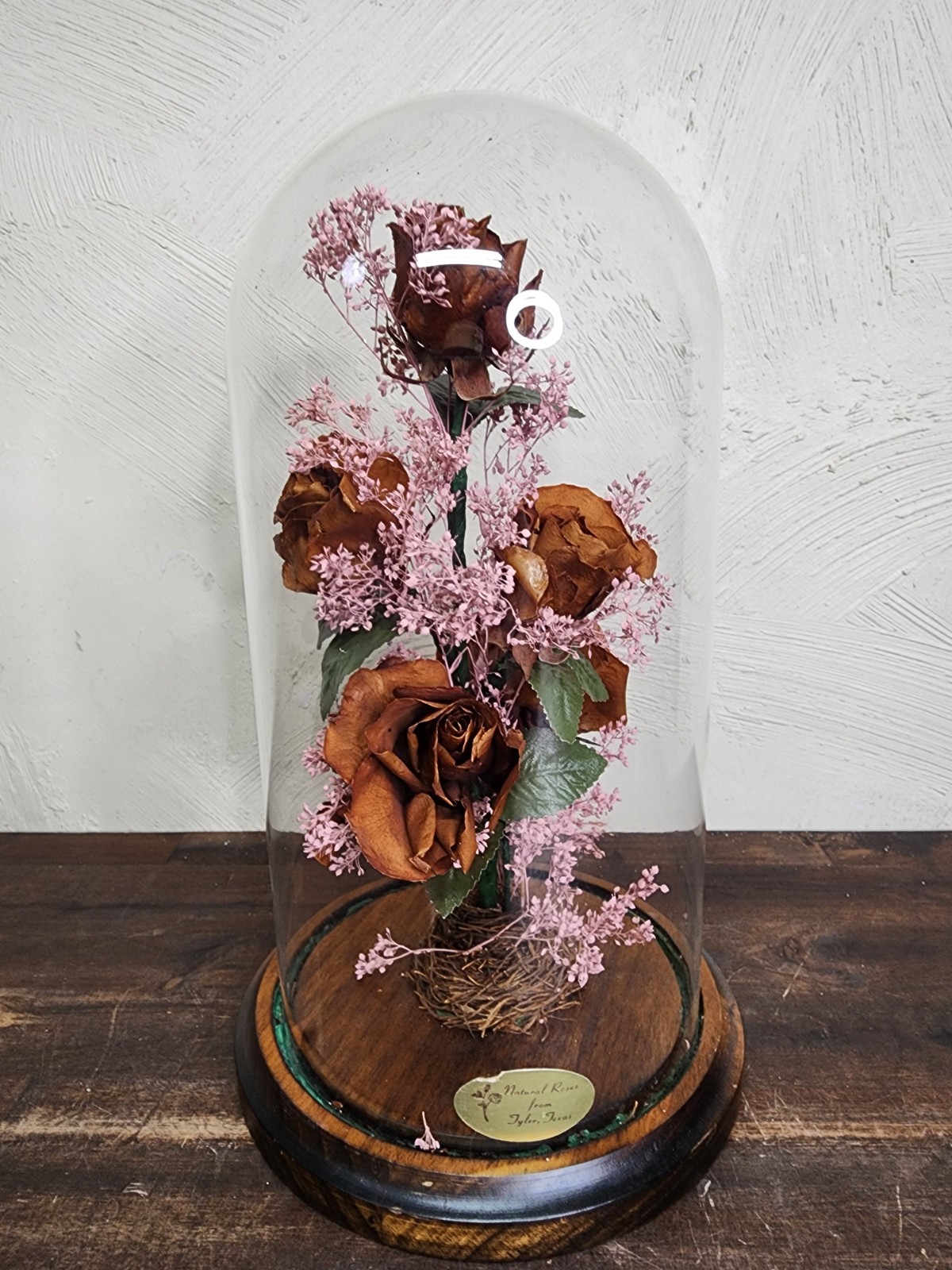 Vintage NATURAL ROSES TYLER TX Dried Flower Glass Dome Cloche Arrangement