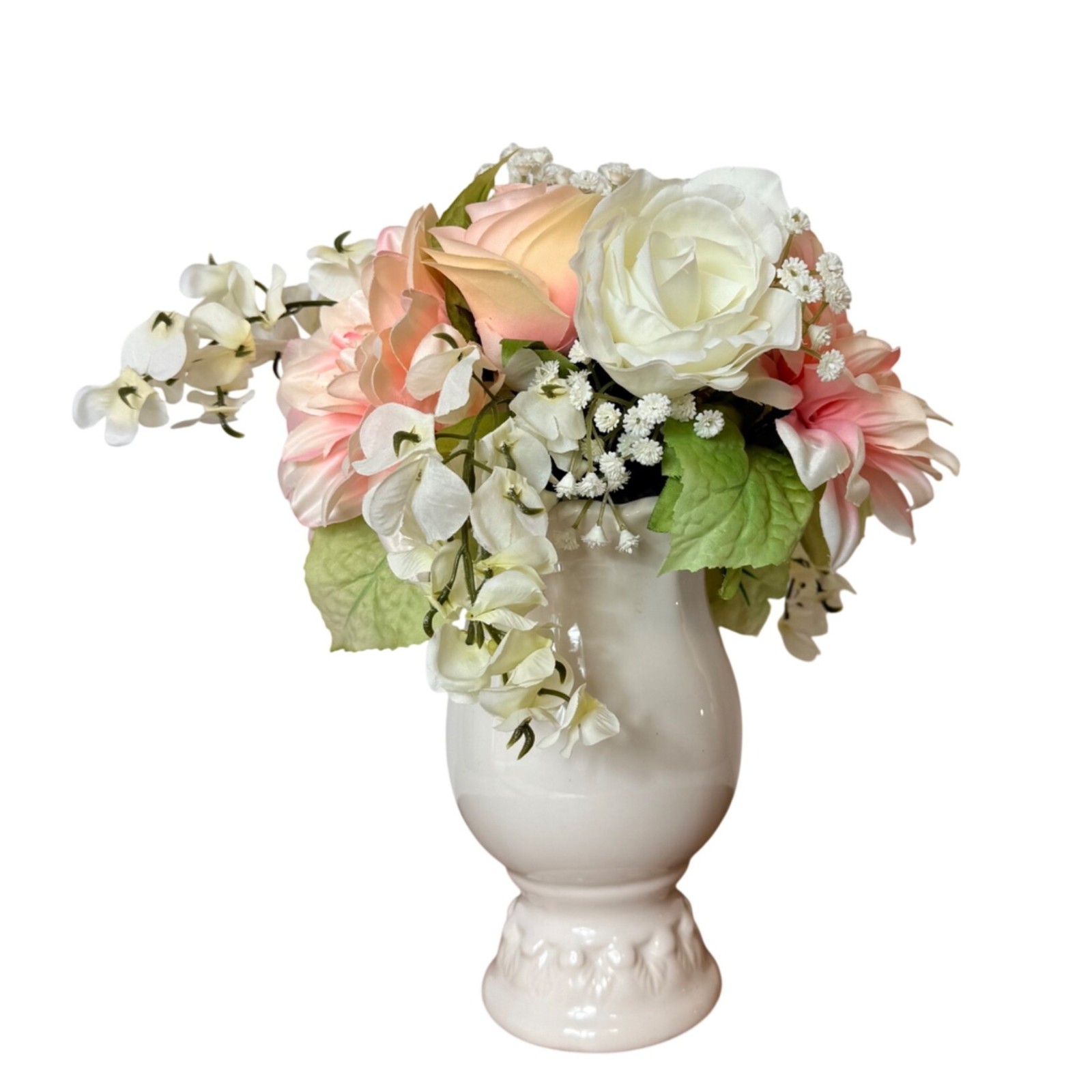 Vintage Faux Floral Arrangement White Ceramic Pedestal Vase Pink Peonies Decor