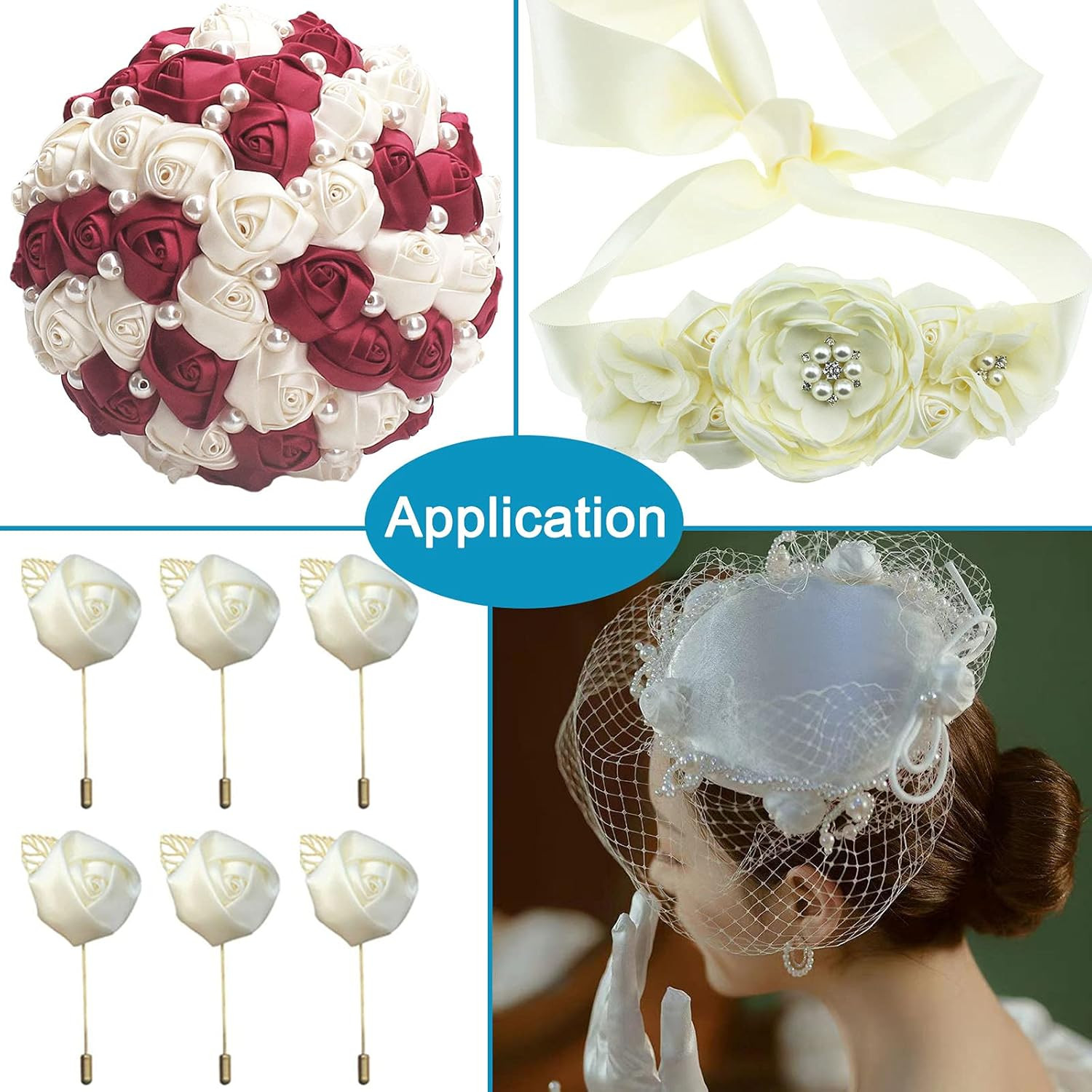 50Pcs Satin Ribbon Rose 4D Handmade Fabric Flowers 1.4″ for DIY Wedding Bouquet
