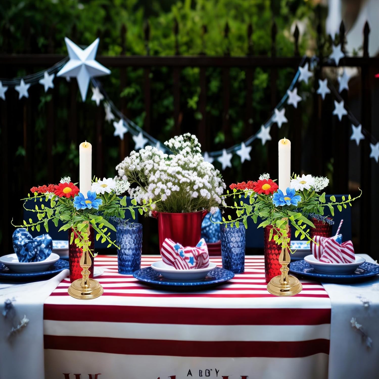 6 PCS Patriotic American Taper Candle Rings Wreaths 4th of July Mini Decor