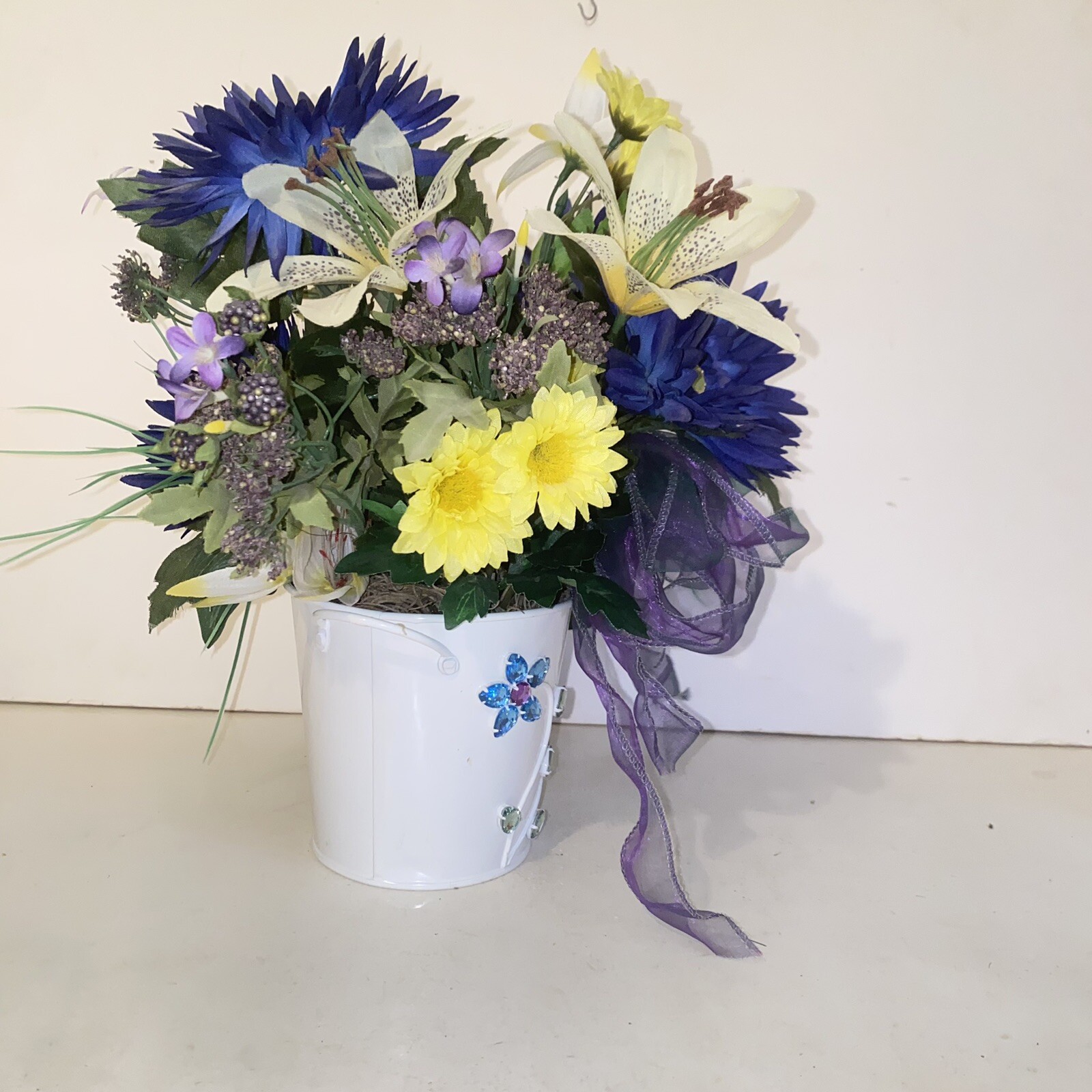 Blue Yellow & Purple Flower Arrangement in Rhinestone Jeweled Tin Planter