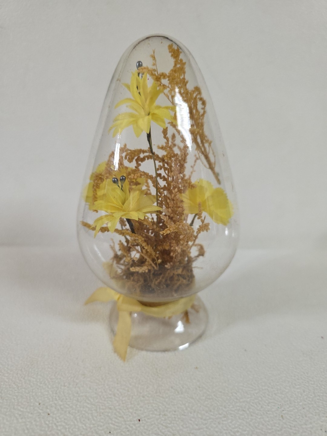 Vintage Clear Glass Dome Egg Cloche with Dried & Silk Flowers Yellow Bow