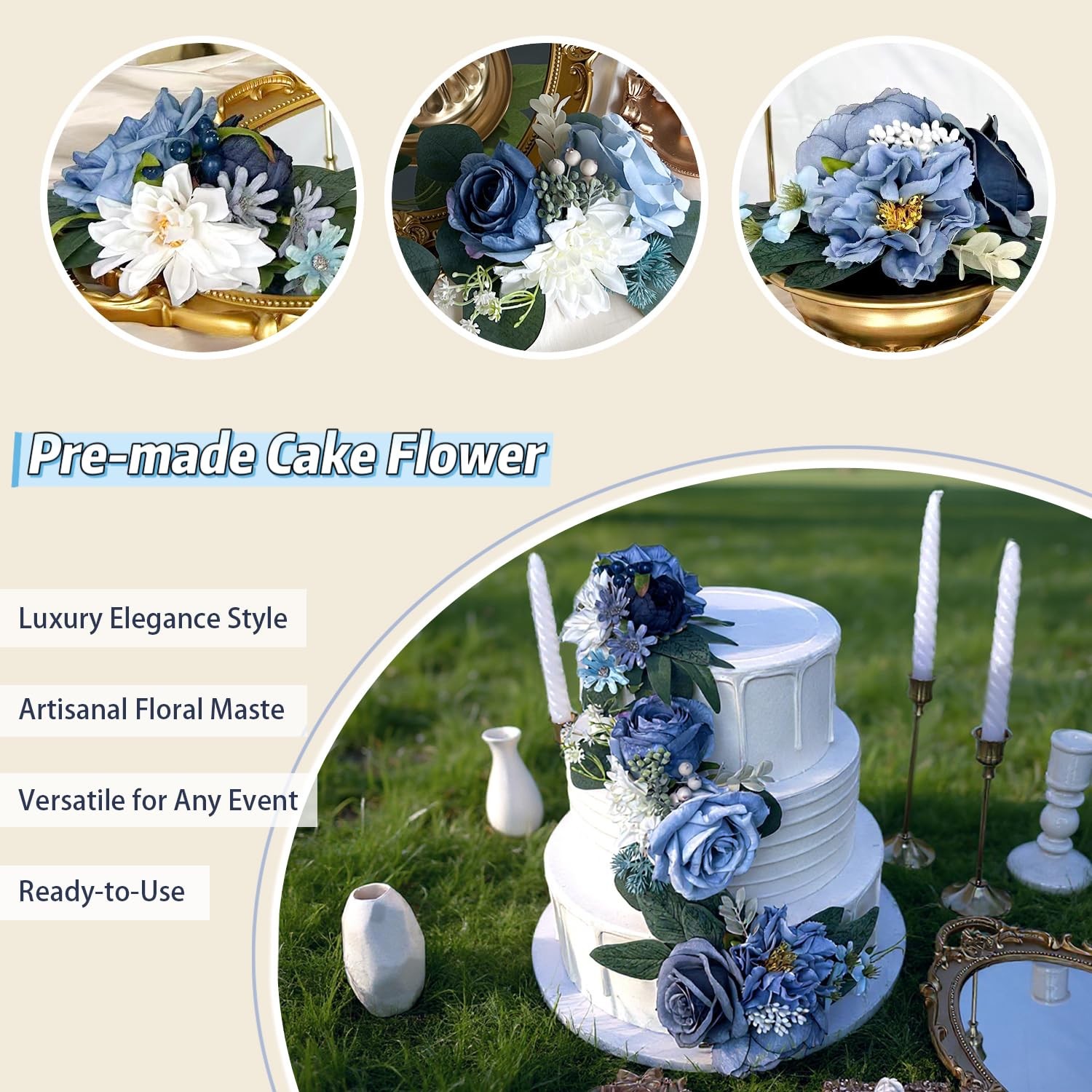 Pre-Made Dusty Blue Silk Flowers for Cakes Decorations Navy Royal Blue Artifi…