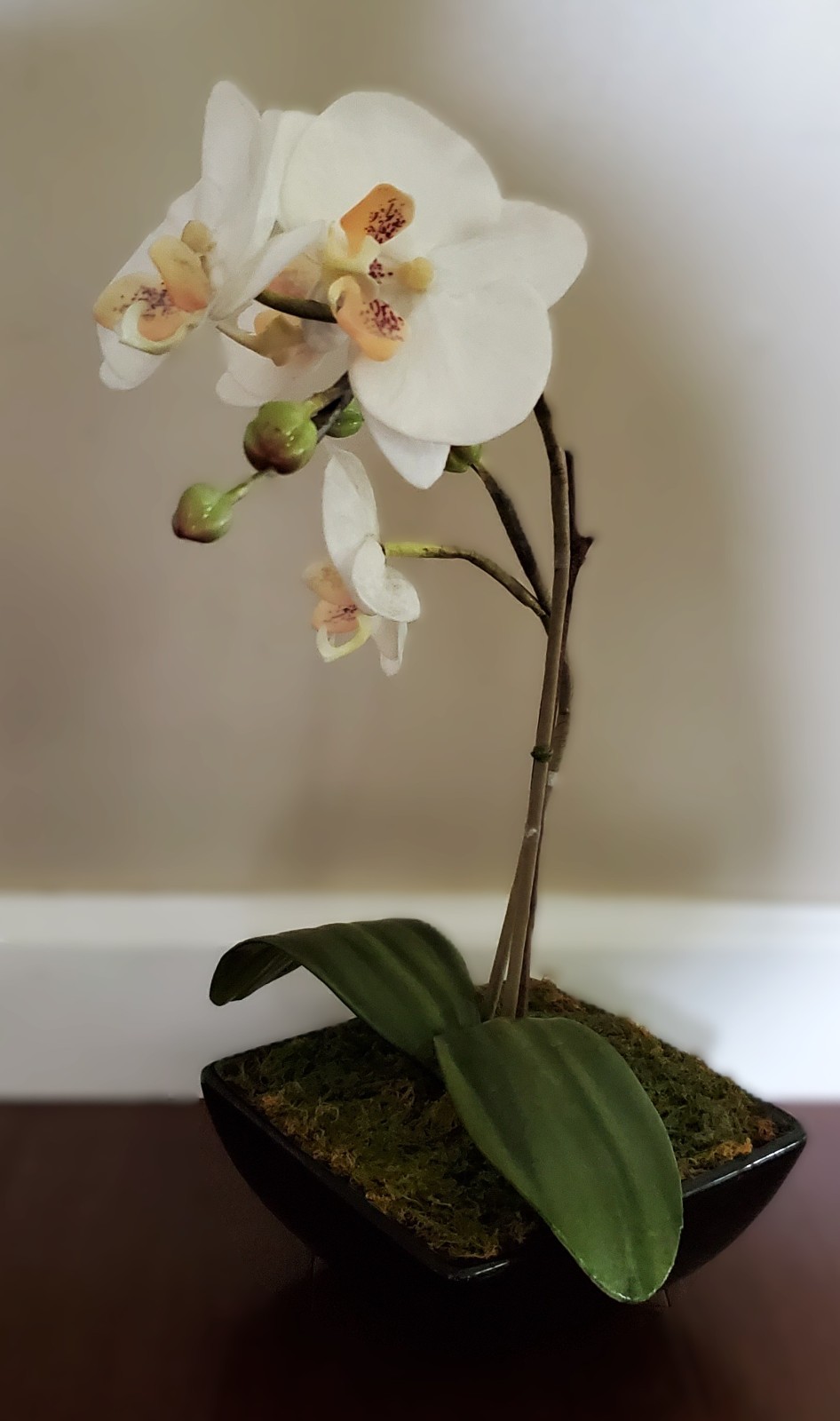 Artificial Flower Arrangement White Phalaenopsis Orchid 16″ in 6x6x2.5 black pot
