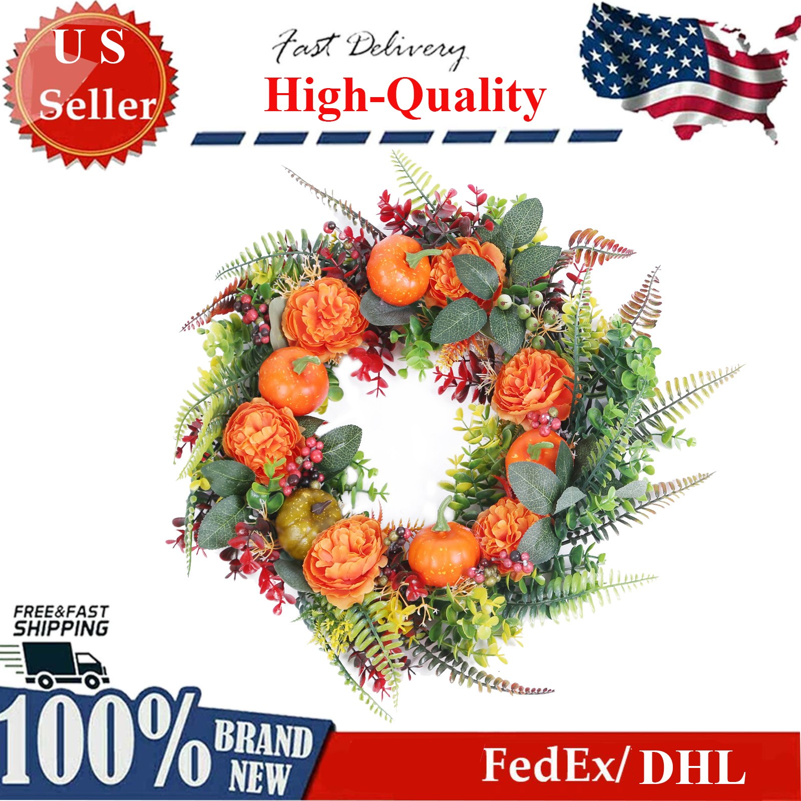 Autumn Wreath w/ Pumpkin and Mixed Leaves in Vibrant Colors for Fall Decoration