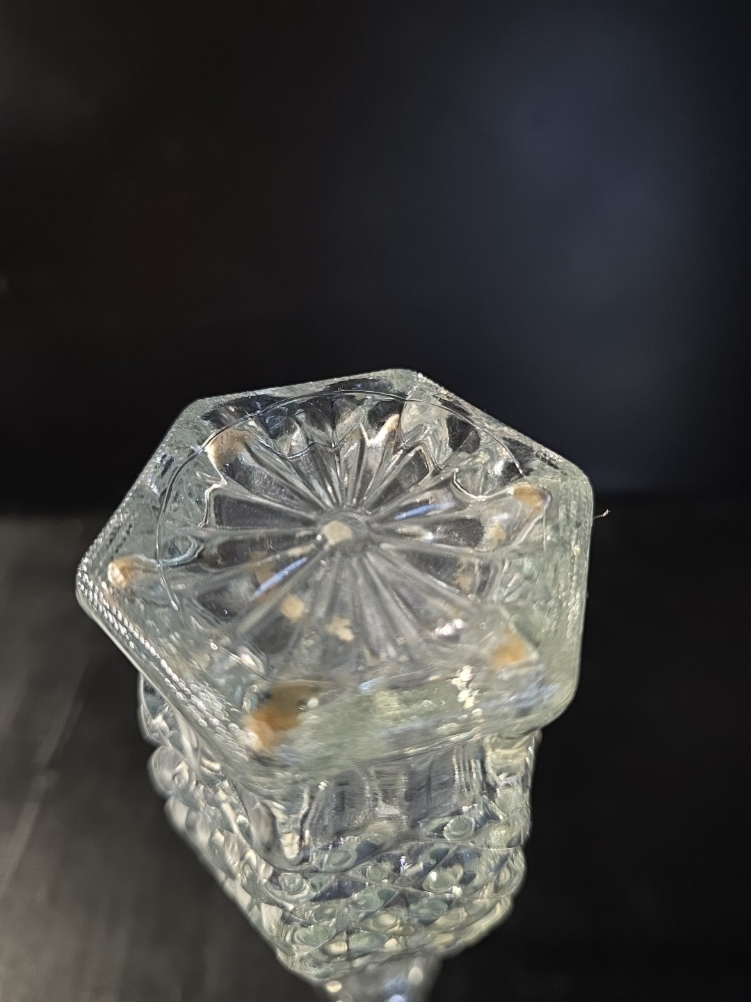 Vtg Indiana Glass Diamond Point Clear Bud Vase 8″ Hexagon Base MCM Pressed Glass