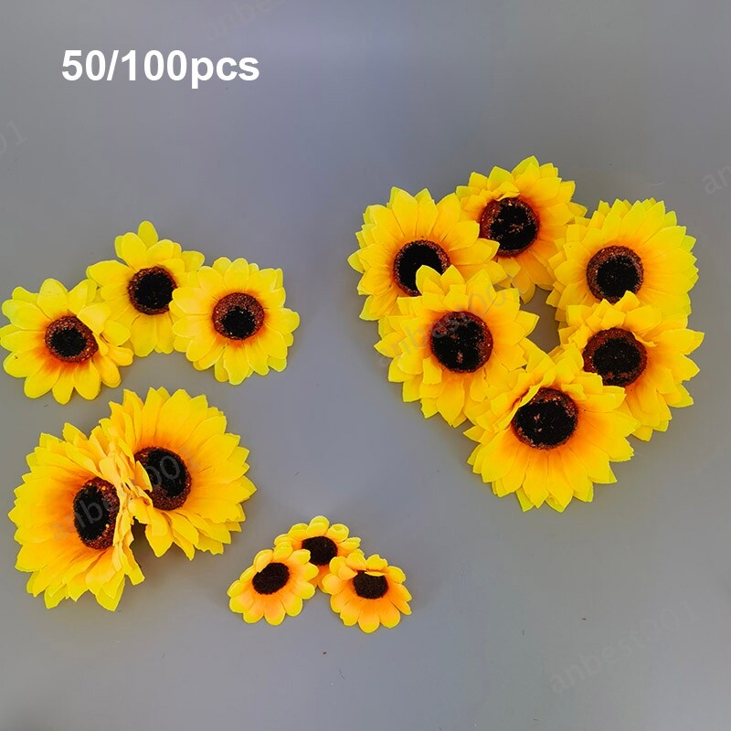 50pcs Mini Artificial Flower Silk Sunflower Head Gift Box Yellow Daisy Head