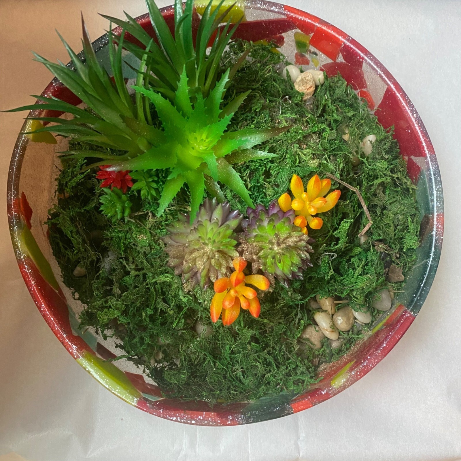 Artificial Succulent Garden In Handmade Resin Mosaic Bowl Decor