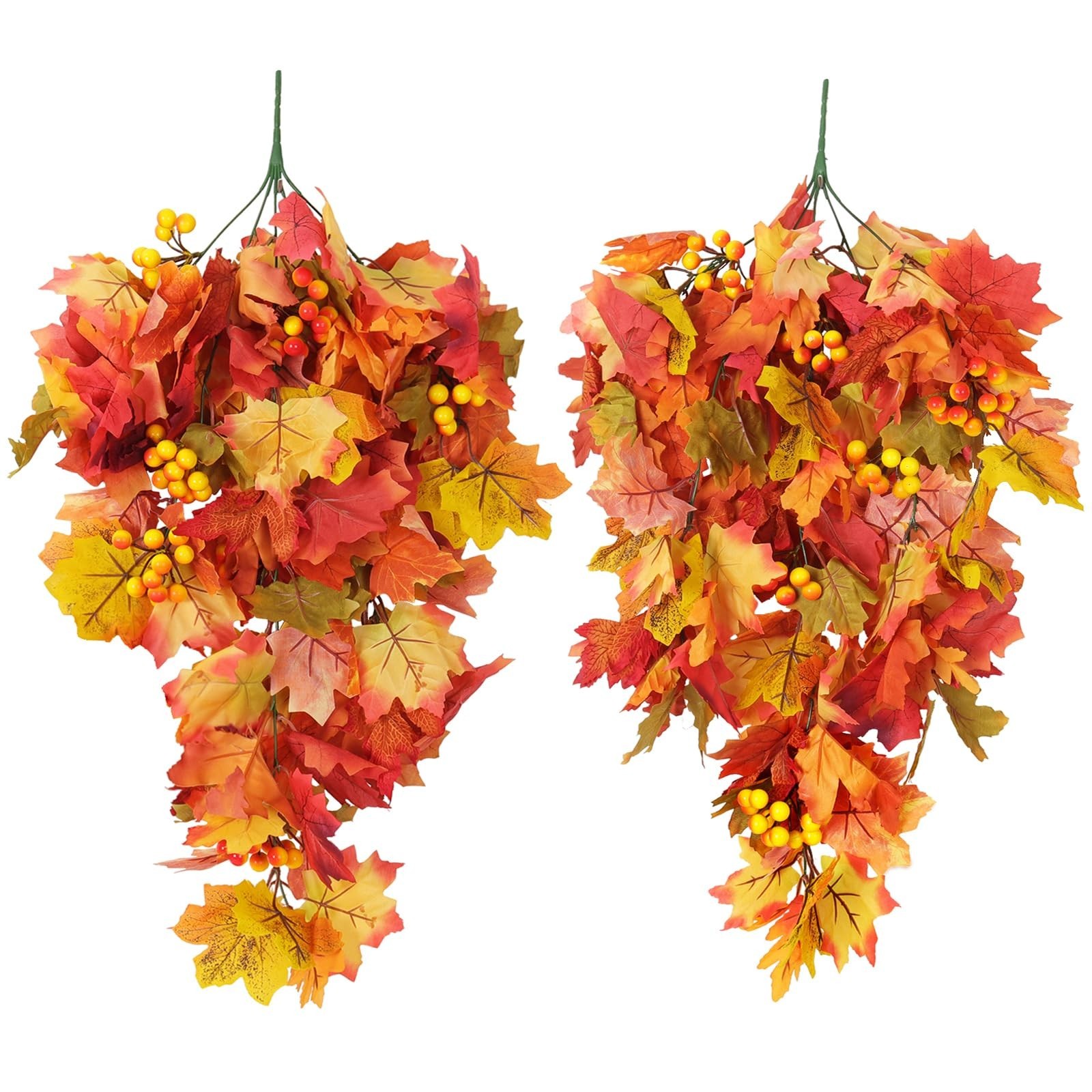 Artificial Fall Leaves Garland with Berries – 2Pcs Orange Maple Vine Decor for T