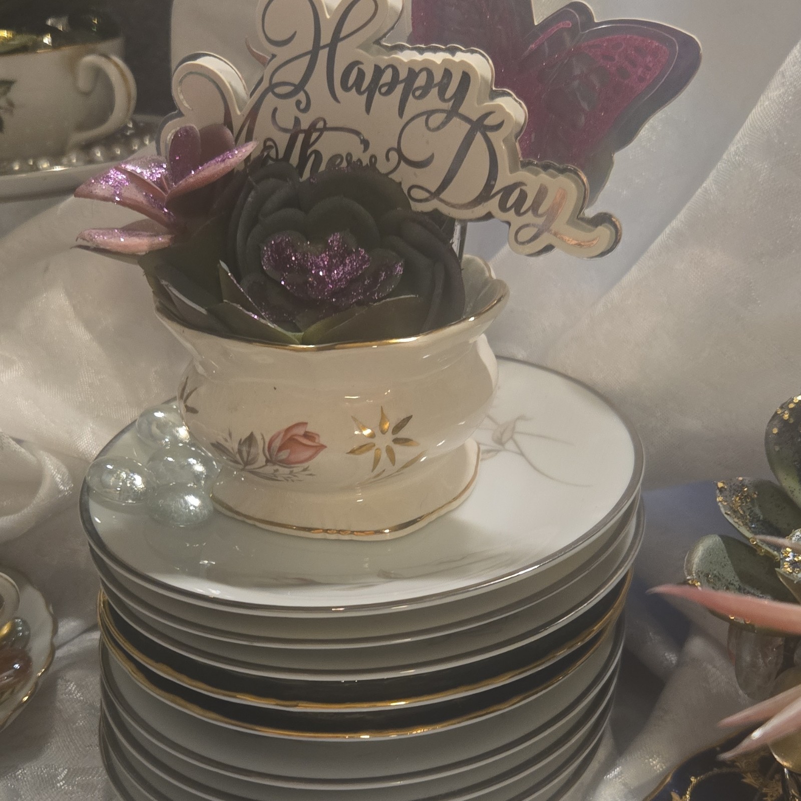 Artificial Succulent Arrangement in Small Pot w/ Mother’s Day Pick