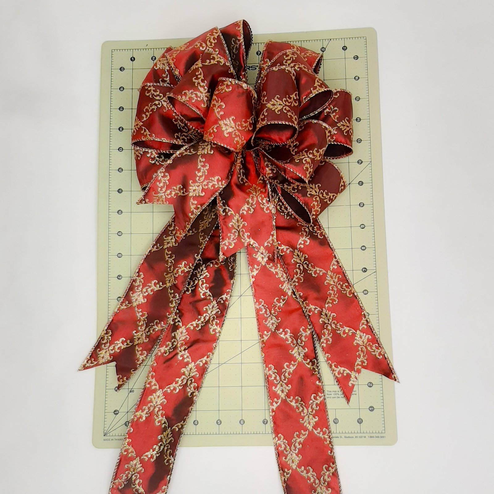 Christmas Bow, Wreath Bow, Burgundy with Gold Florentine