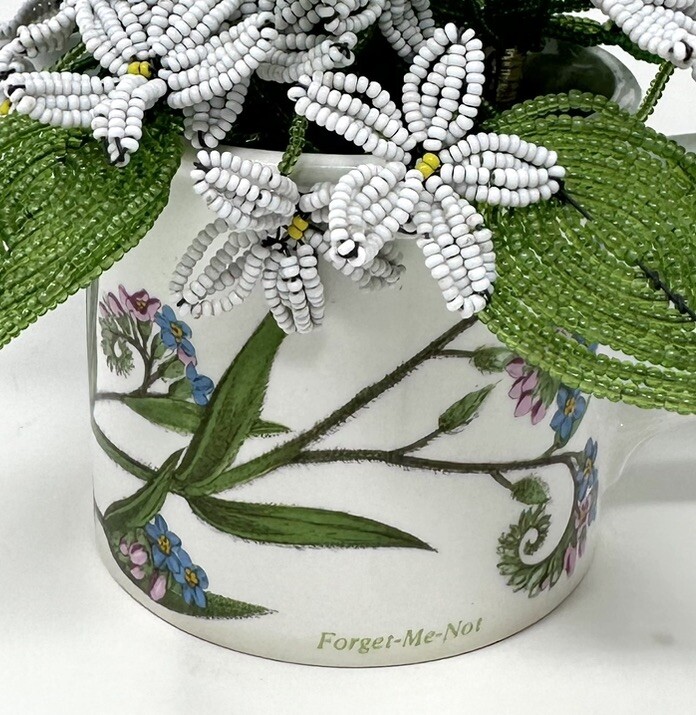 Beaded Glass Flower Bouquet Forget Me Not & Portmeirion Botanic Garden Pot