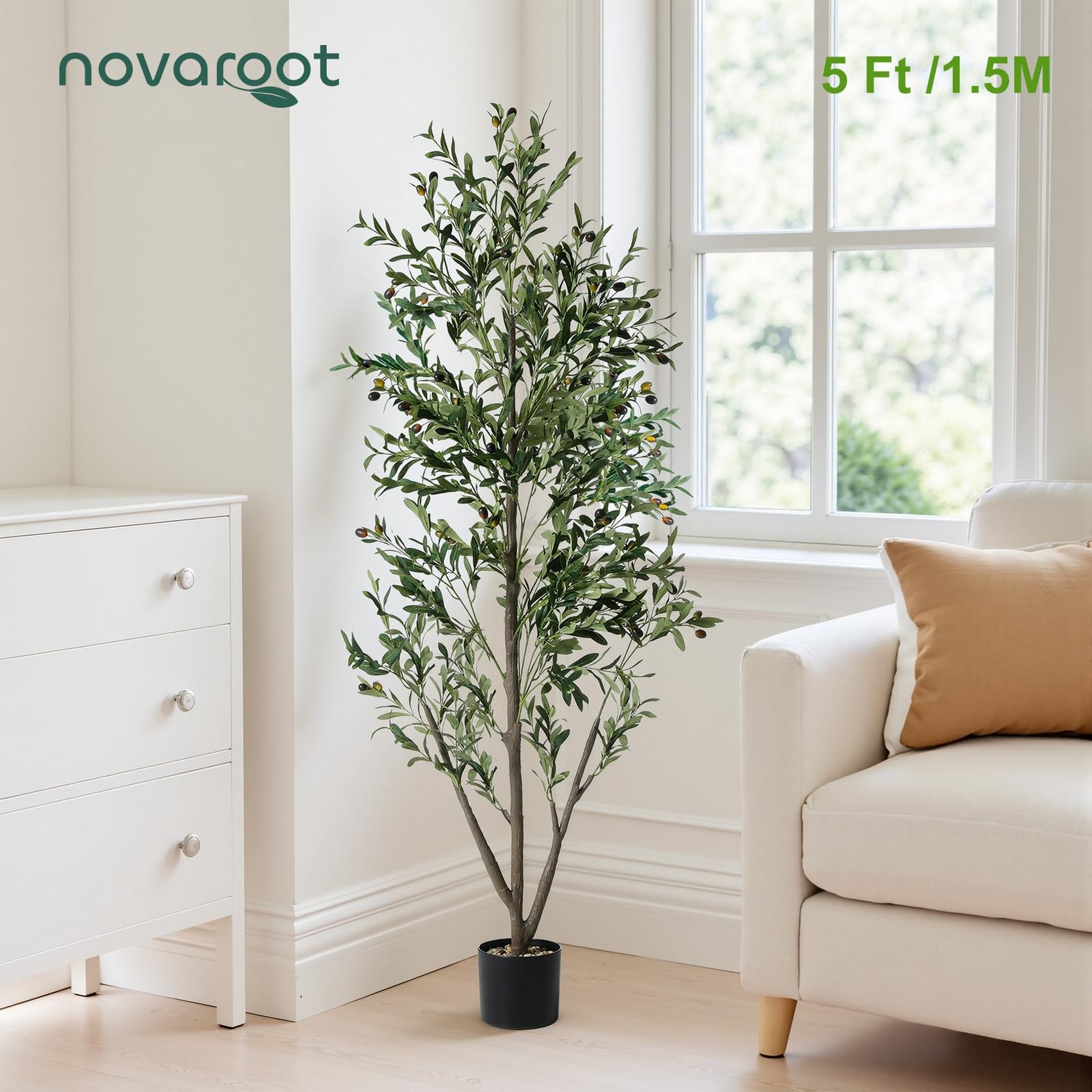 Olive Trees Artificial Indoor, 5FT Tall Faux Olive Tree with Lights Moss and …