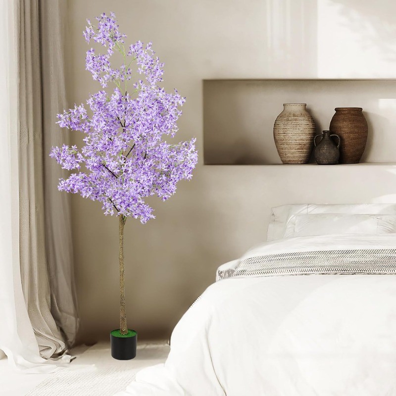 6FT Artificial Winter Jasmine Tree with Cement Base Pot Faux Floor Plant, Purple