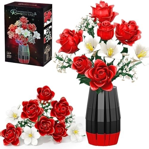 1077 PCS Artificial Rose Flower Bouquet Building Set with Vase – Perfect Gift fo