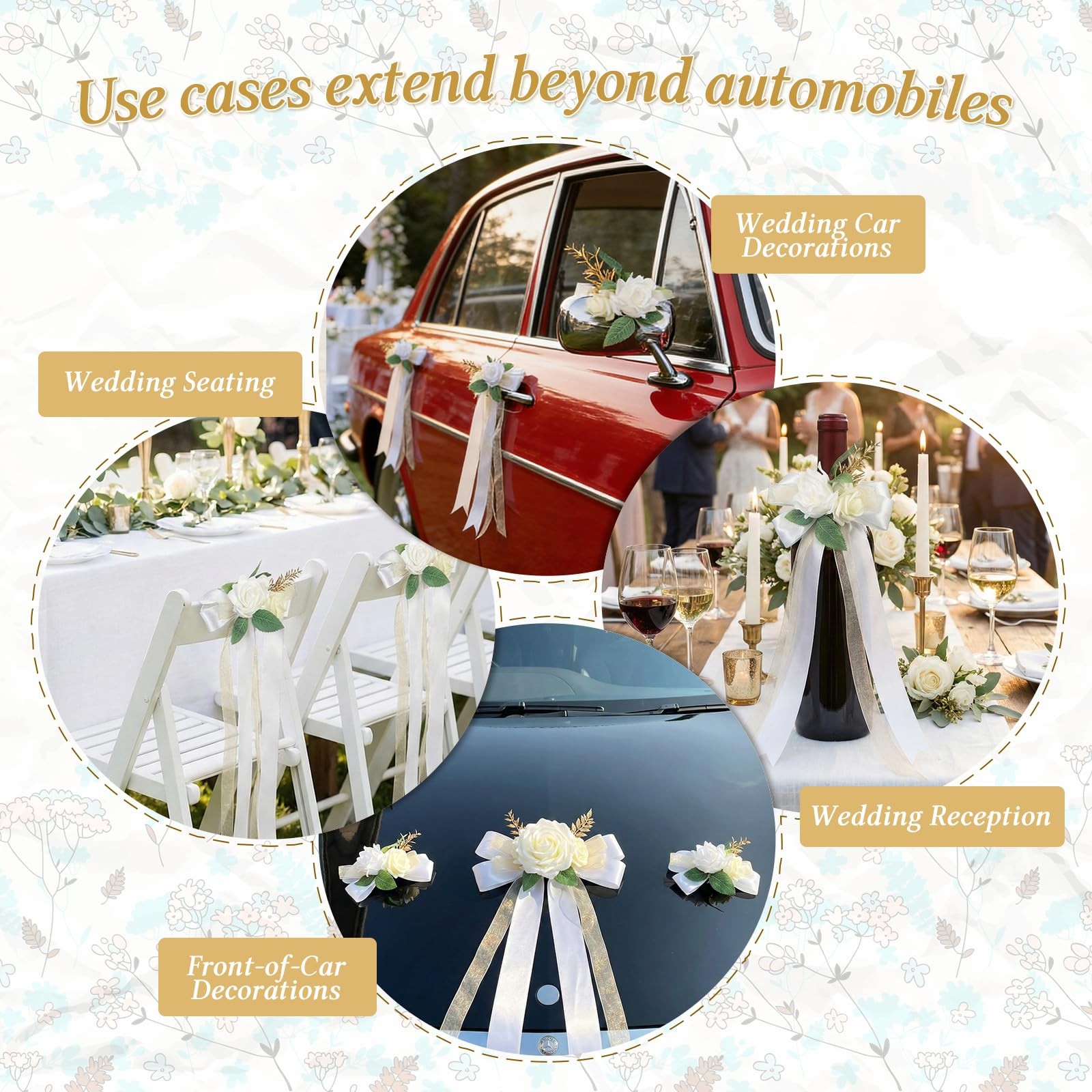 6 PCS Ivory White Rose Wedding Car Decor Kit Floral Door Mirror Bows White