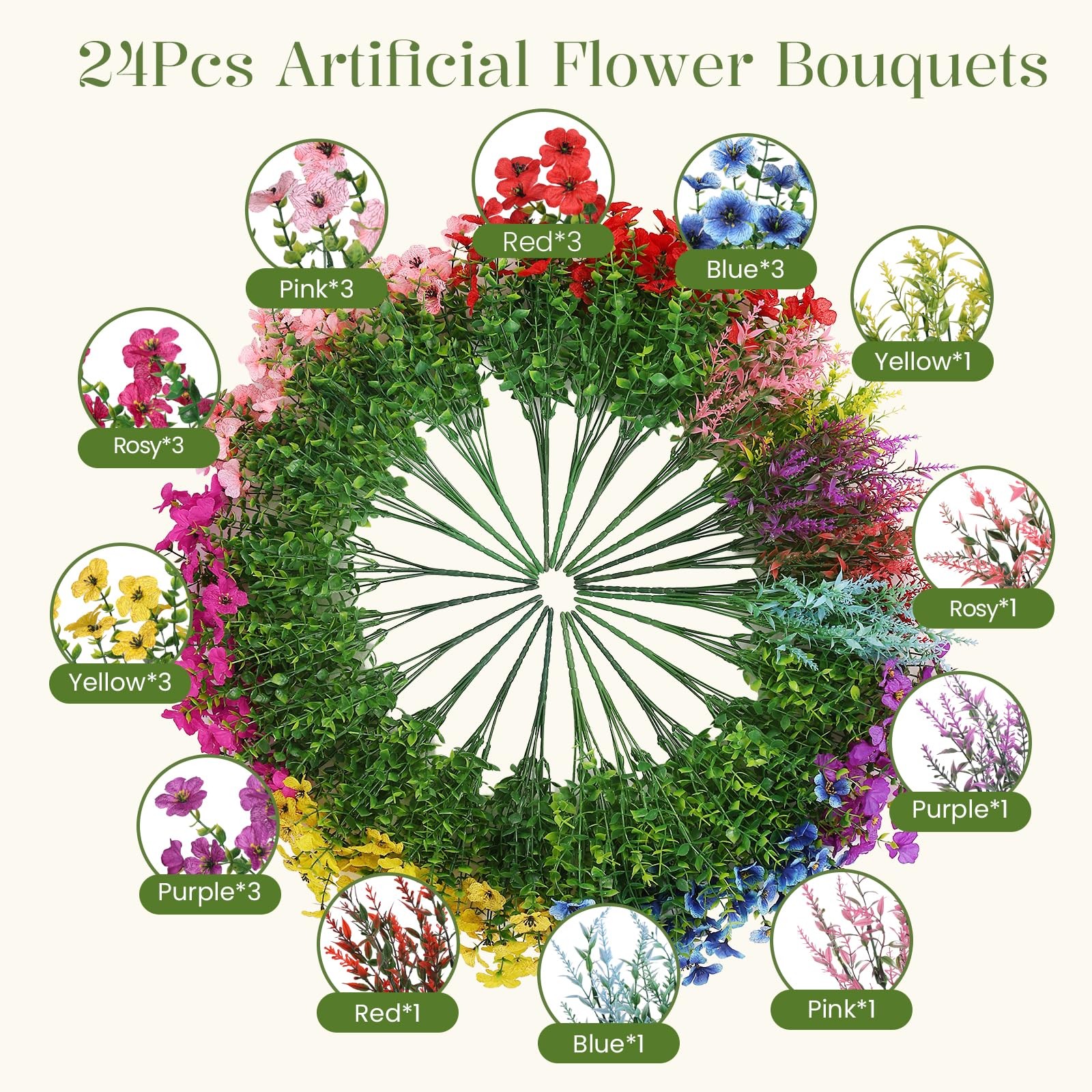 24 Bundles Artificial Flowers for Outdoors UV Resistant Decor