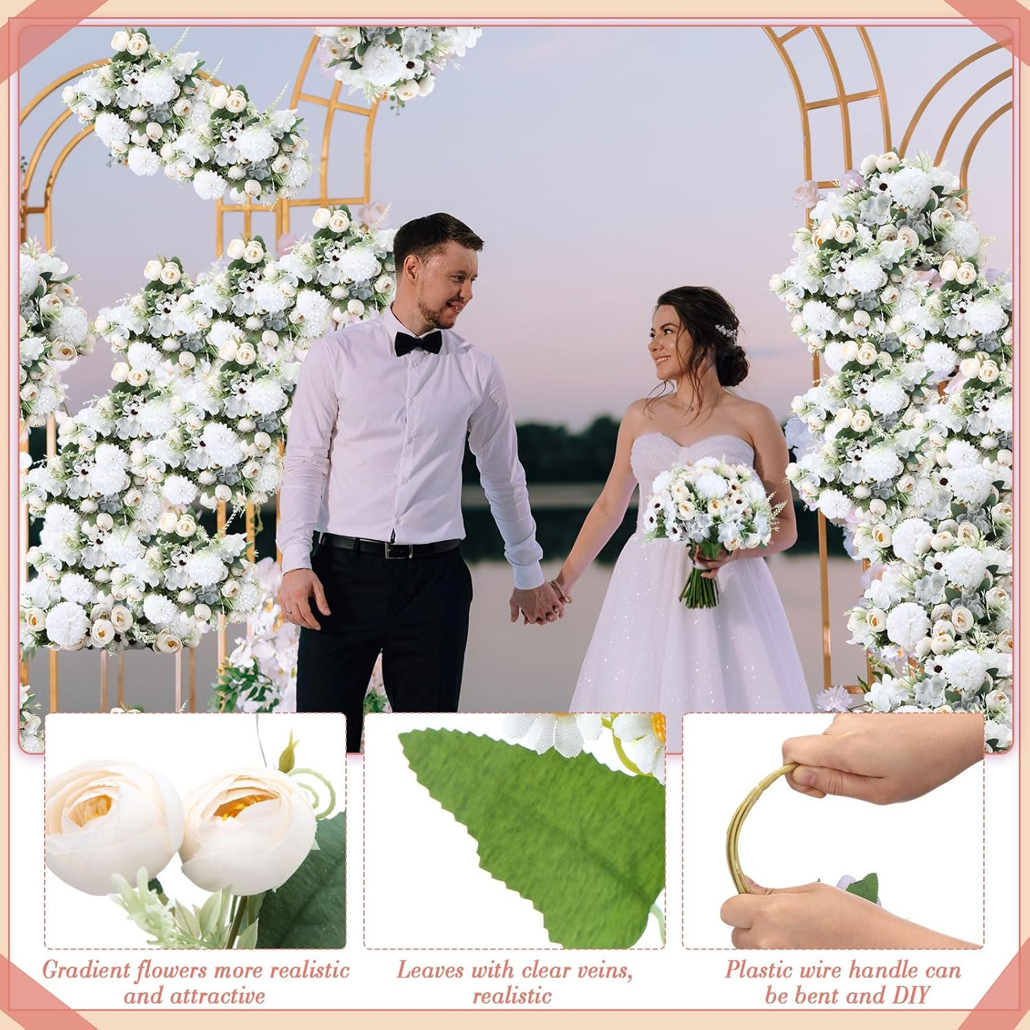 24 Bundles Faux Peonies & Roses Bouquet for Wedding & Home Decor – Champagne Whi