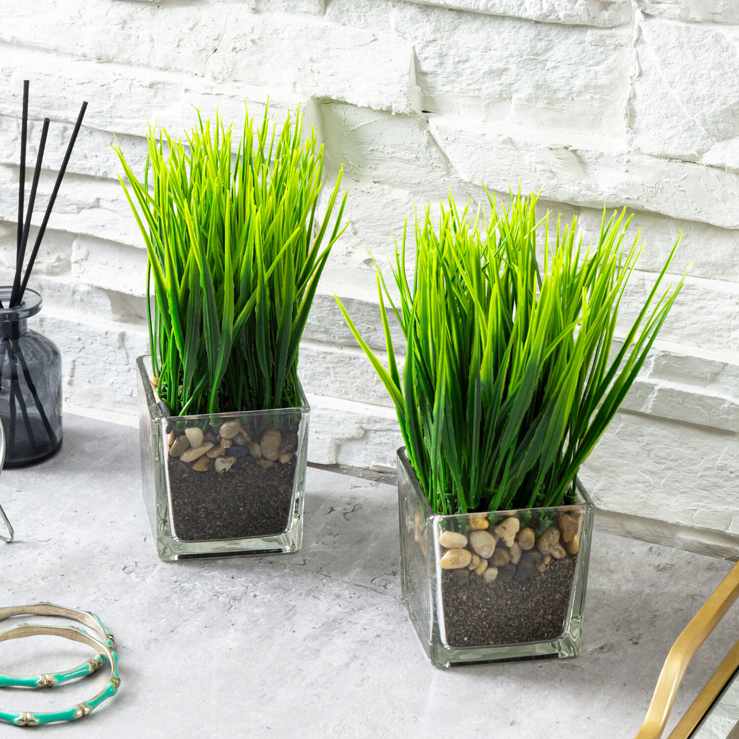 Decorative Potted Greenery Plant in Tabletop Planter Artificial Grass, Set of 2