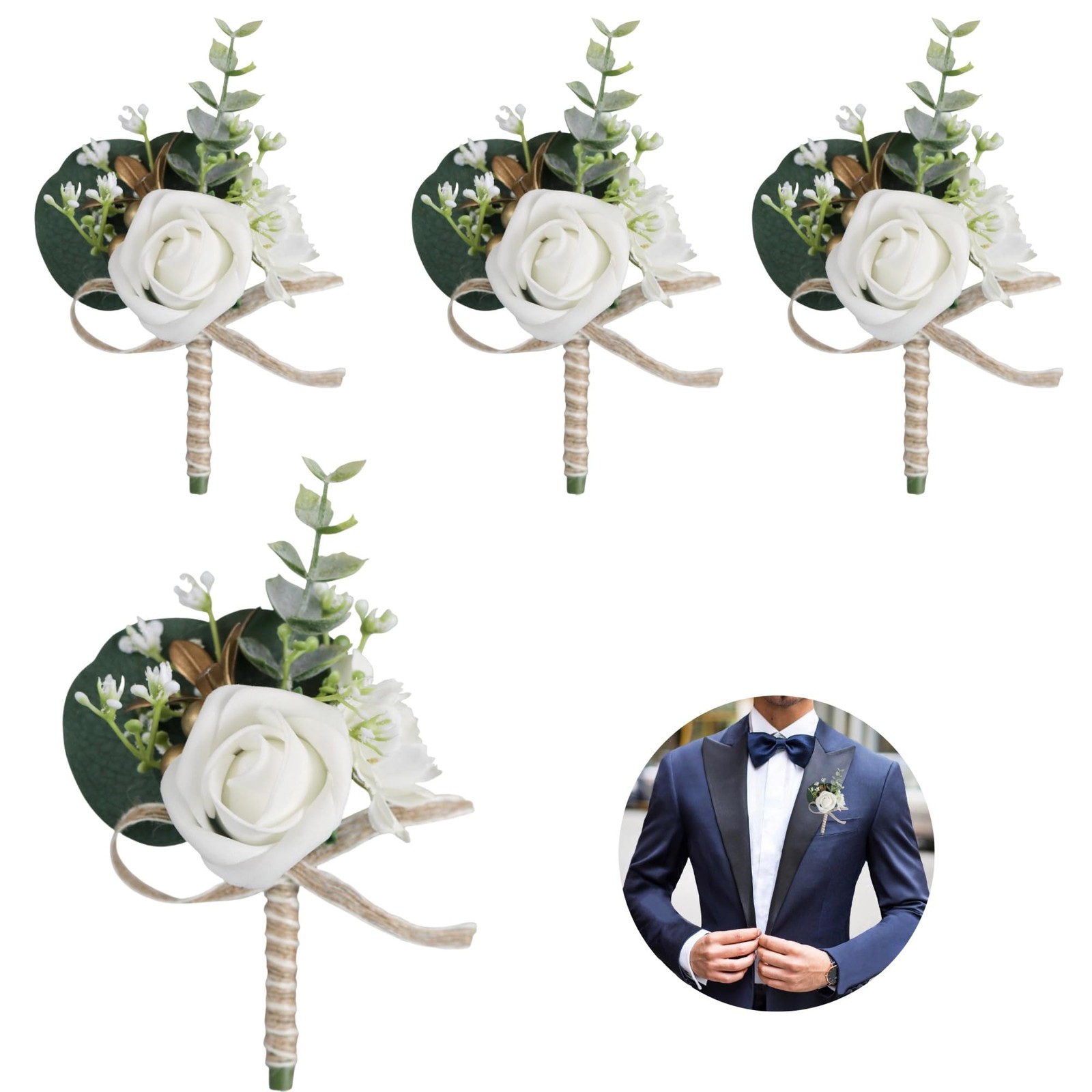 4 PCS Artificial Mens Rose Boutonniere Bridal White Corsage Wedding Prom 8x14cm
