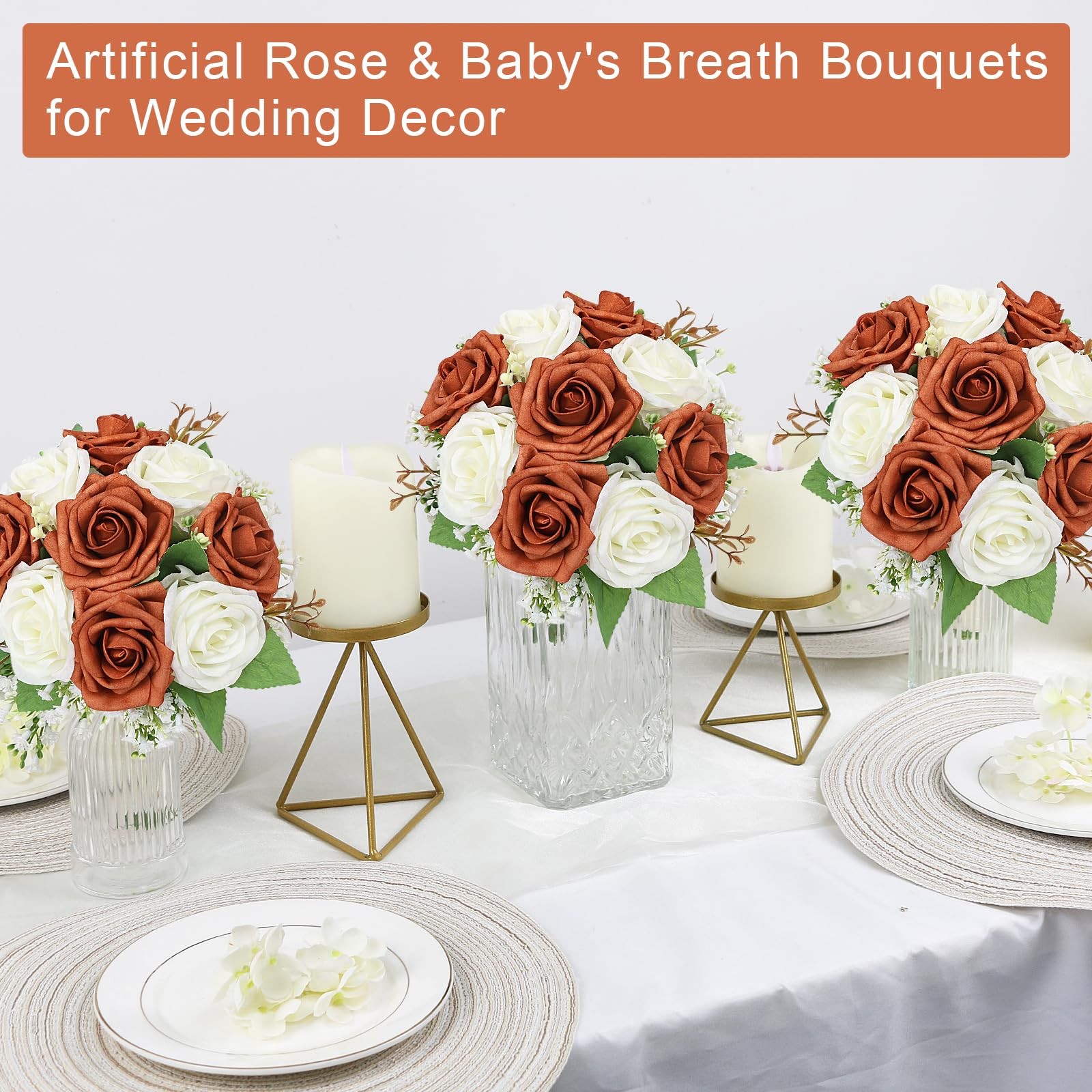 2 PCS 7 Inch Burnt Orange Rose White Baby’s Breath Wedding Bouquet Set
