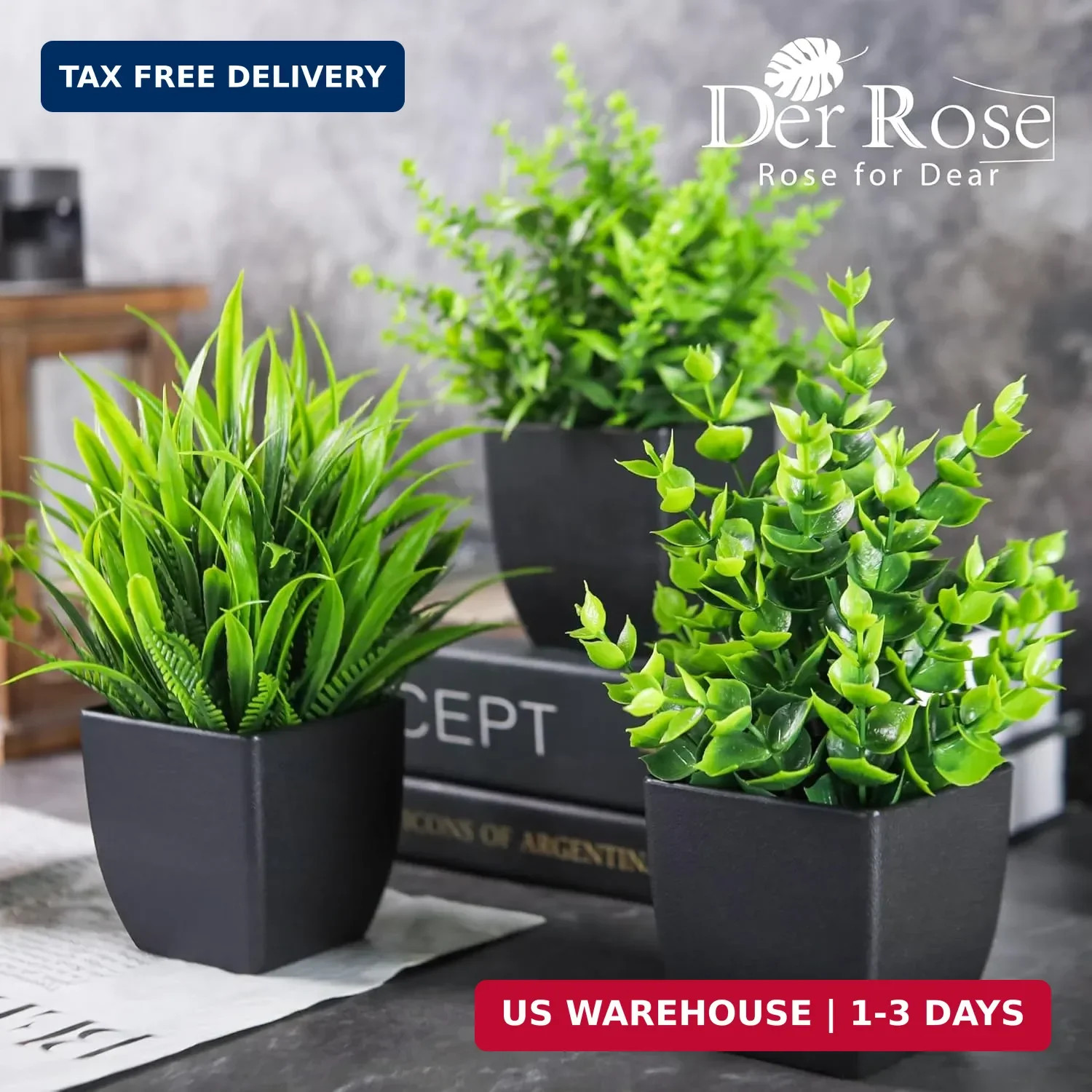 Der Rose 4 Packs Fake Plants Small Artificial Mini Faux Plants for Bathroom Home
