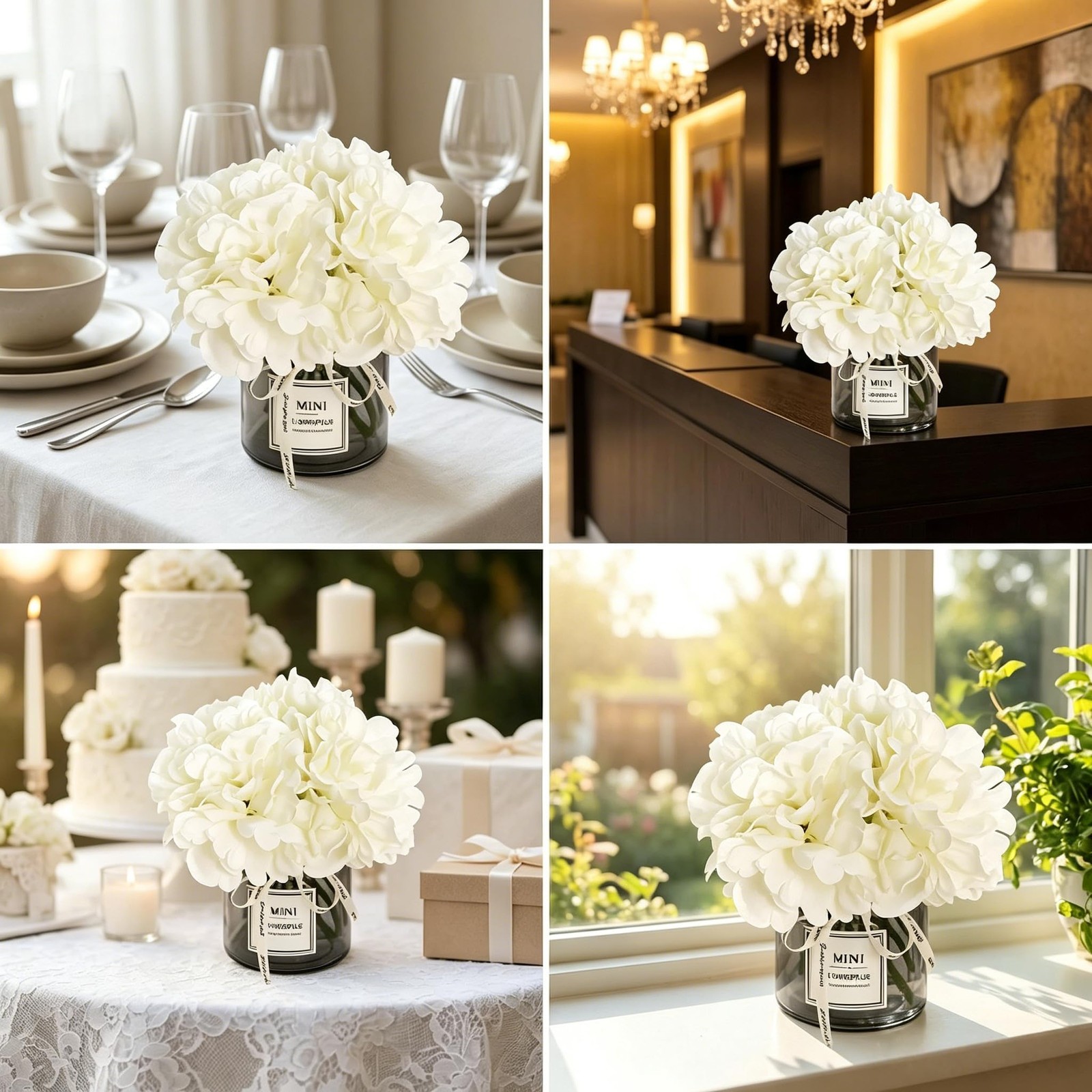 Artificial Hydrangea Flowers with Vase Realistic Faux Peonies, White Hydrange…