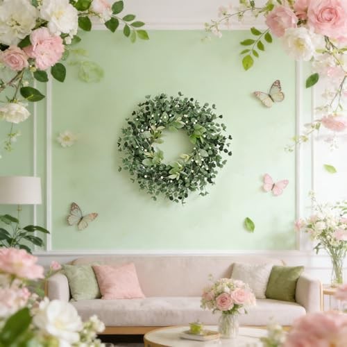 22-inch Spring Wreath Artificial Green Eucalyptus Leaves Wreath with White