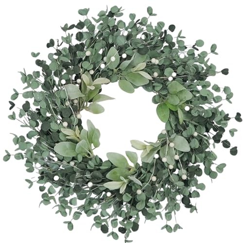 22-inch Spring Wreath Artificial Green Eucalyptus Leaves Wreath with White