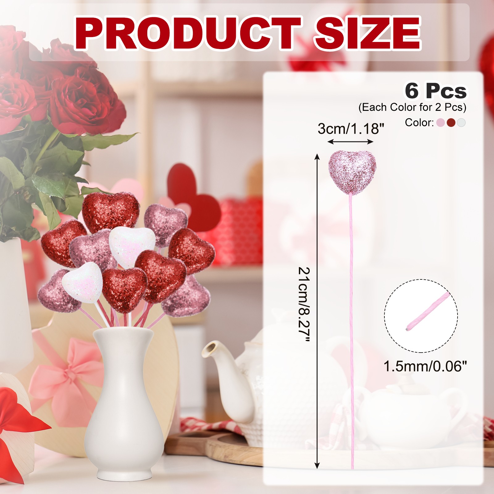 6 Pcs Glitter Heart Shaped Picks Foam Hearts Stick (Red/Pink/White, 3cm x 21cm)