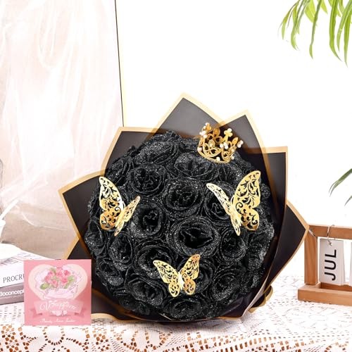 Glitter Roses Bouquet, DIY Fake Flowers Bouquet, Birthday Gifts 24pcs Black